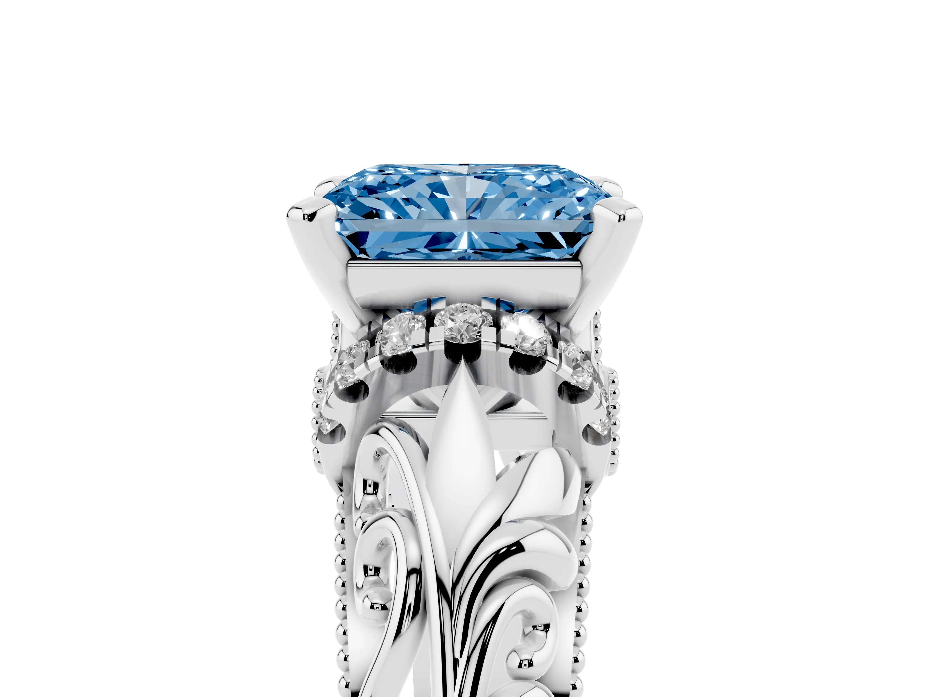 Fancy Blue Radiant Cut Diamond Filigree Halo Engagement Ring Set in Silver with Prong Setting
