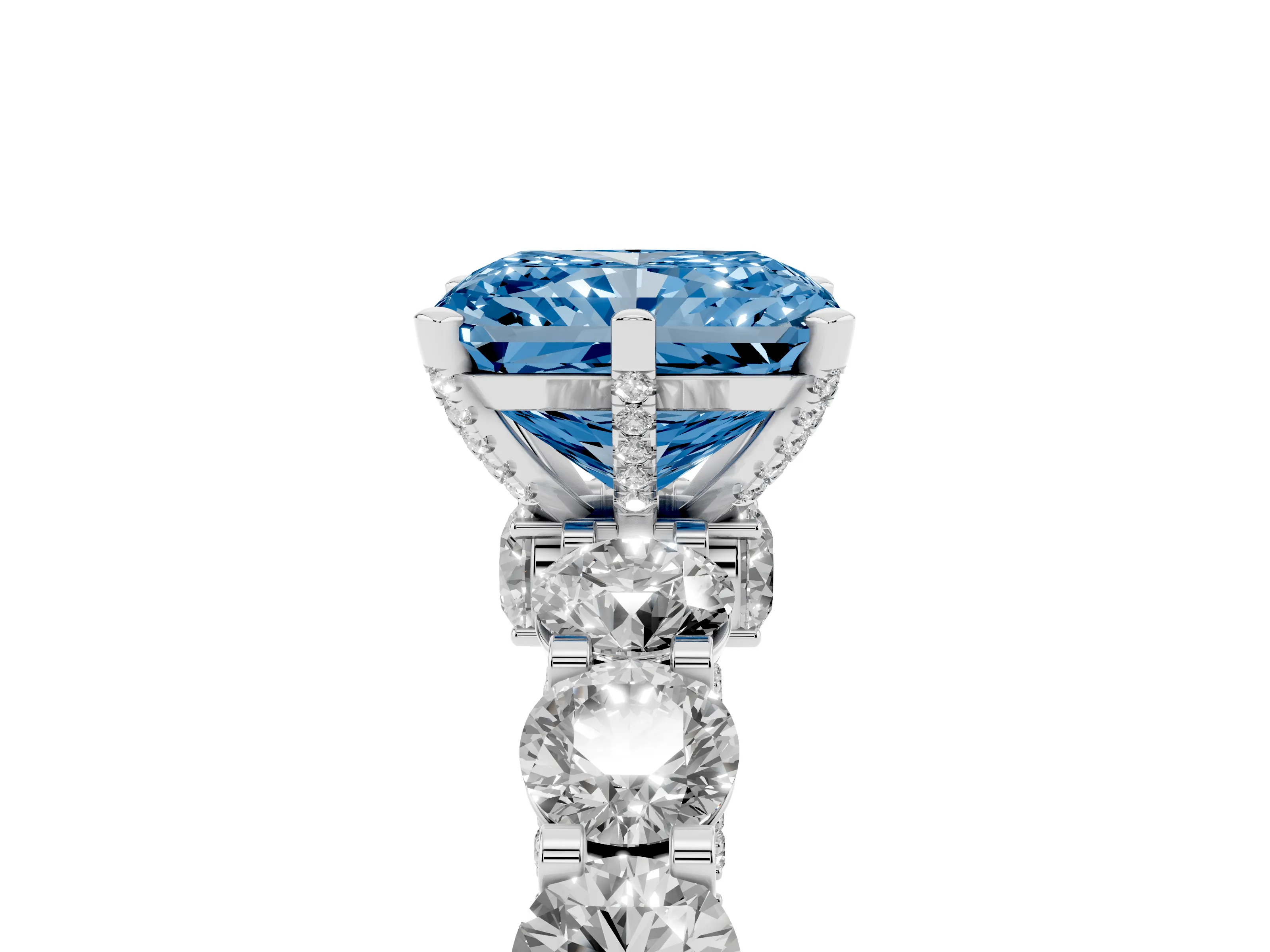 Fancy Blue Radiant Cut Diamond Side Stone Ring Set in Platinum with Alternating Round and Oval Side Stones