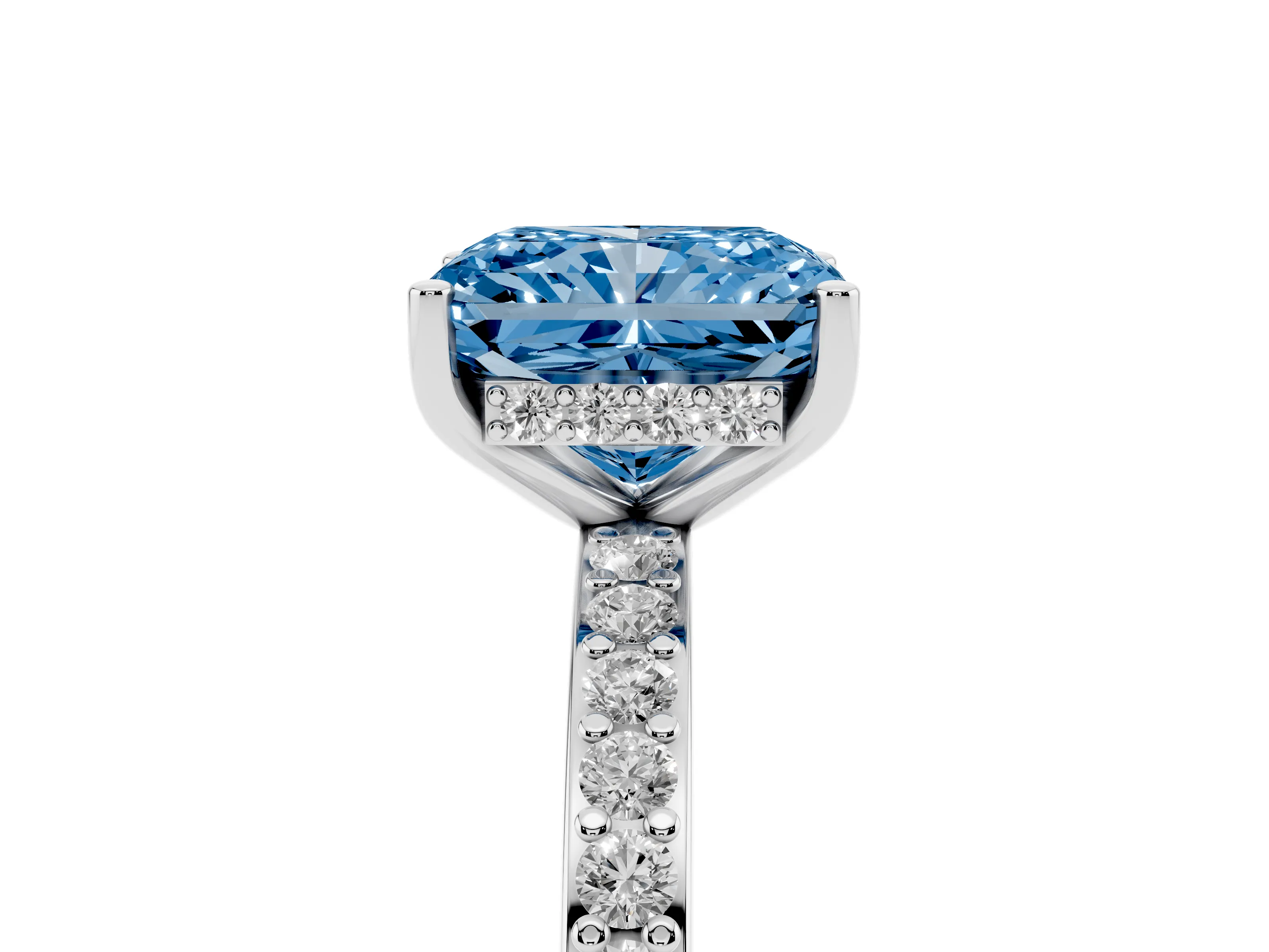 Fancy Blue Radiant Cut Diamond Pavé Band Ring Set in Silver with Prong-Set Center Stone