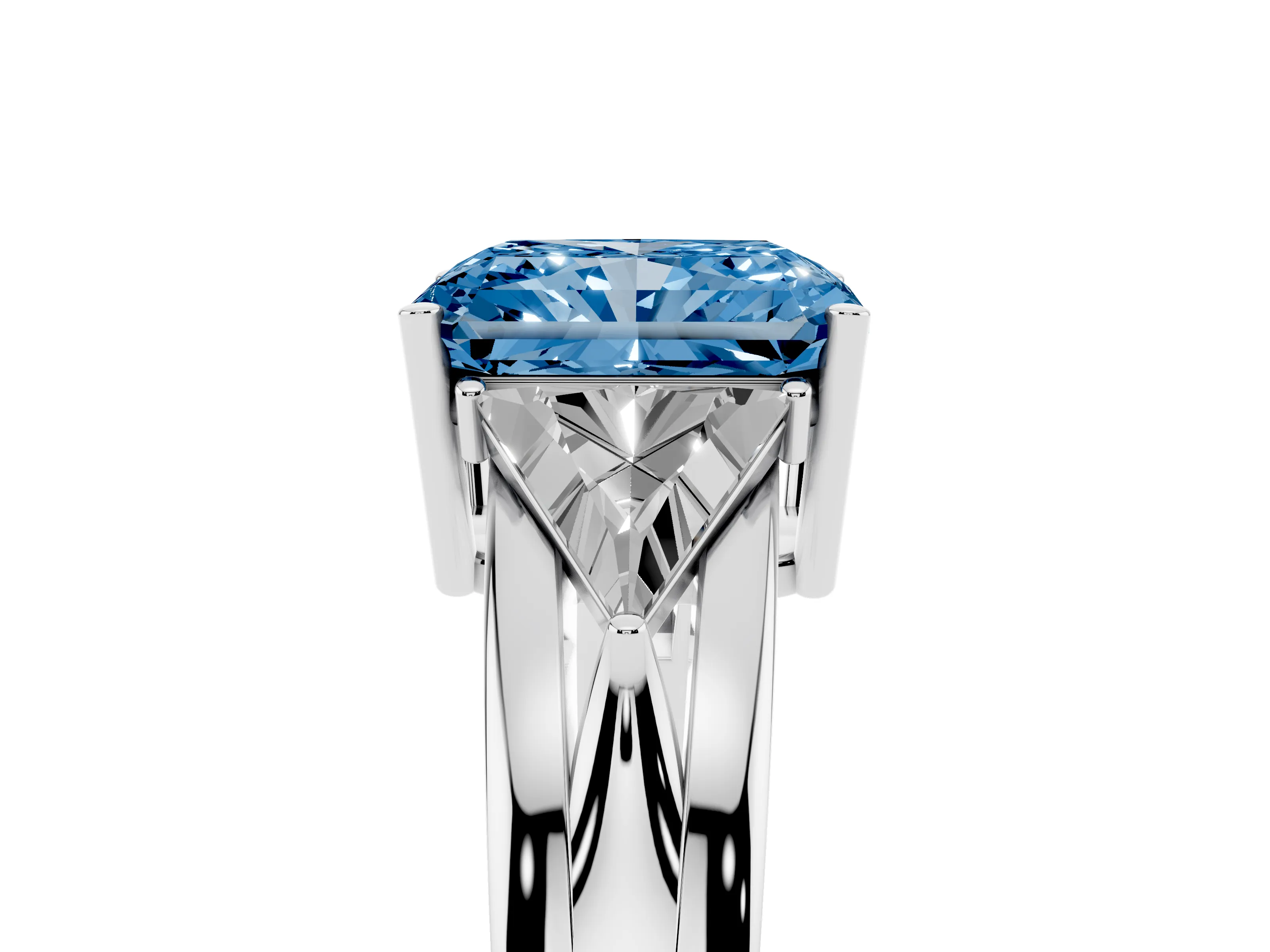 Fancy Blue Radiant Cut Diamond Three-Stone Ring Set in Silver with Trillion Side Stones and Split Shank