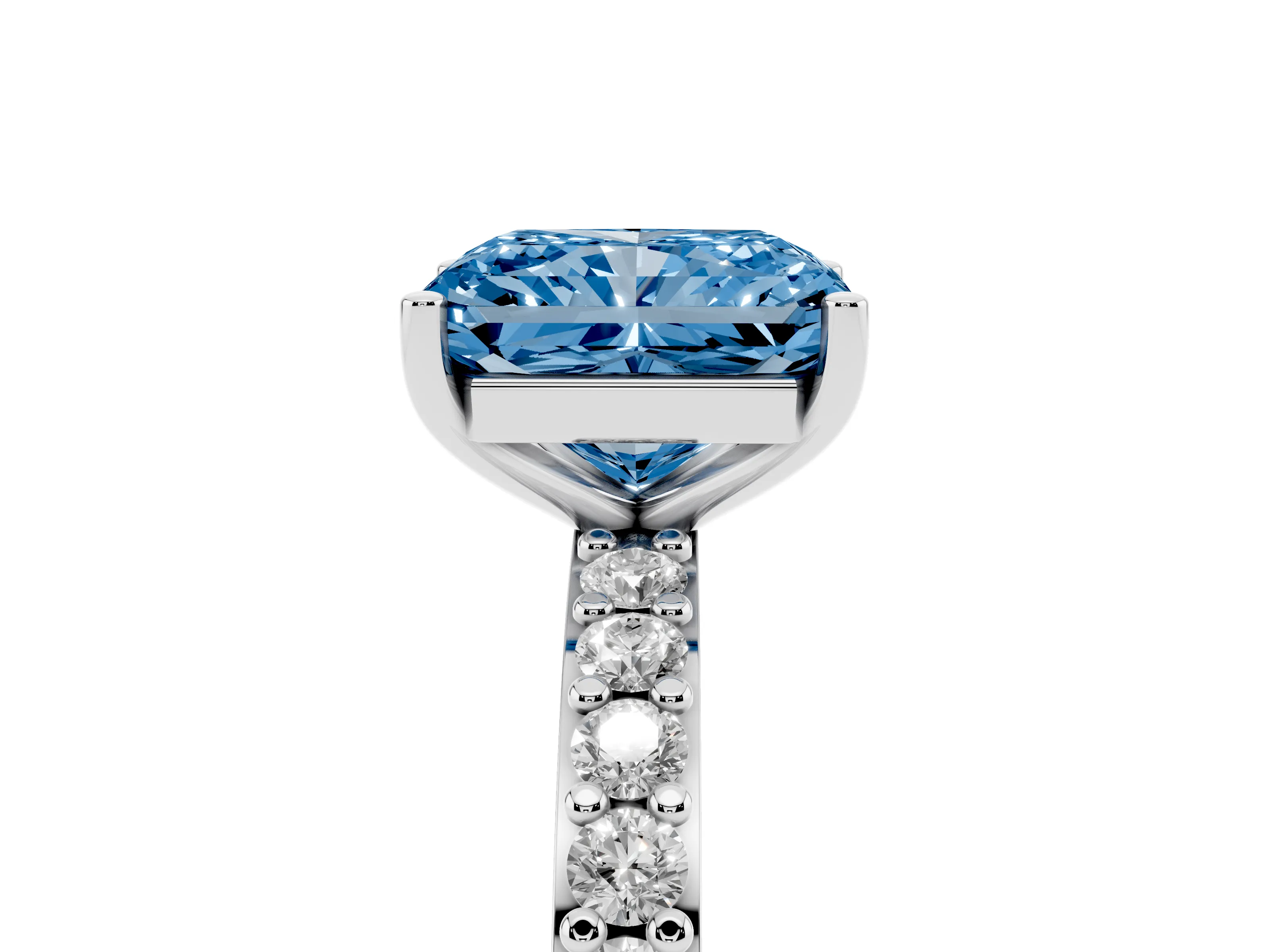Fancy Blue Radiant Cut Diamond Solitaire Set in Platinum with Round Pavé Band and Prong Setting