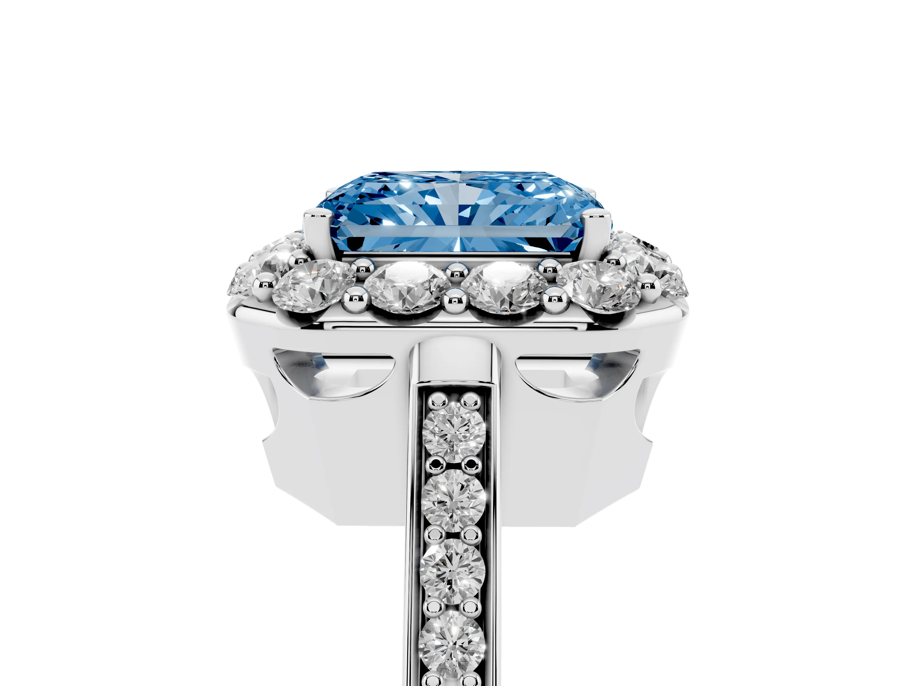 Fancy Blue Radiant Cut Diamond Floral Halo Ring Set in Platinum with Pavé Band and Prong Setting