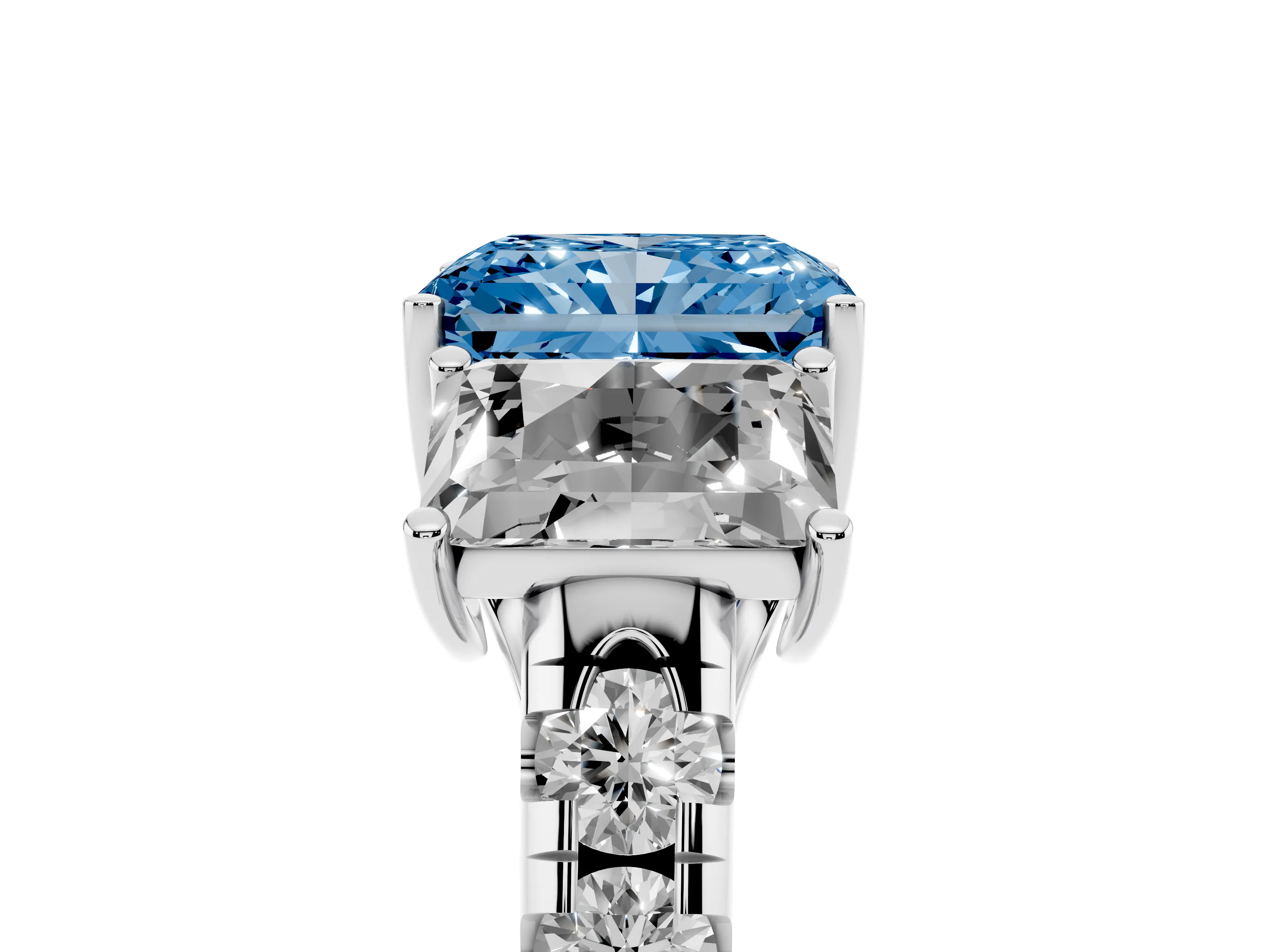 Fancy Blue Radiant Cut Diamond Three-Stone Ring Set in Platinum with Pavé Band