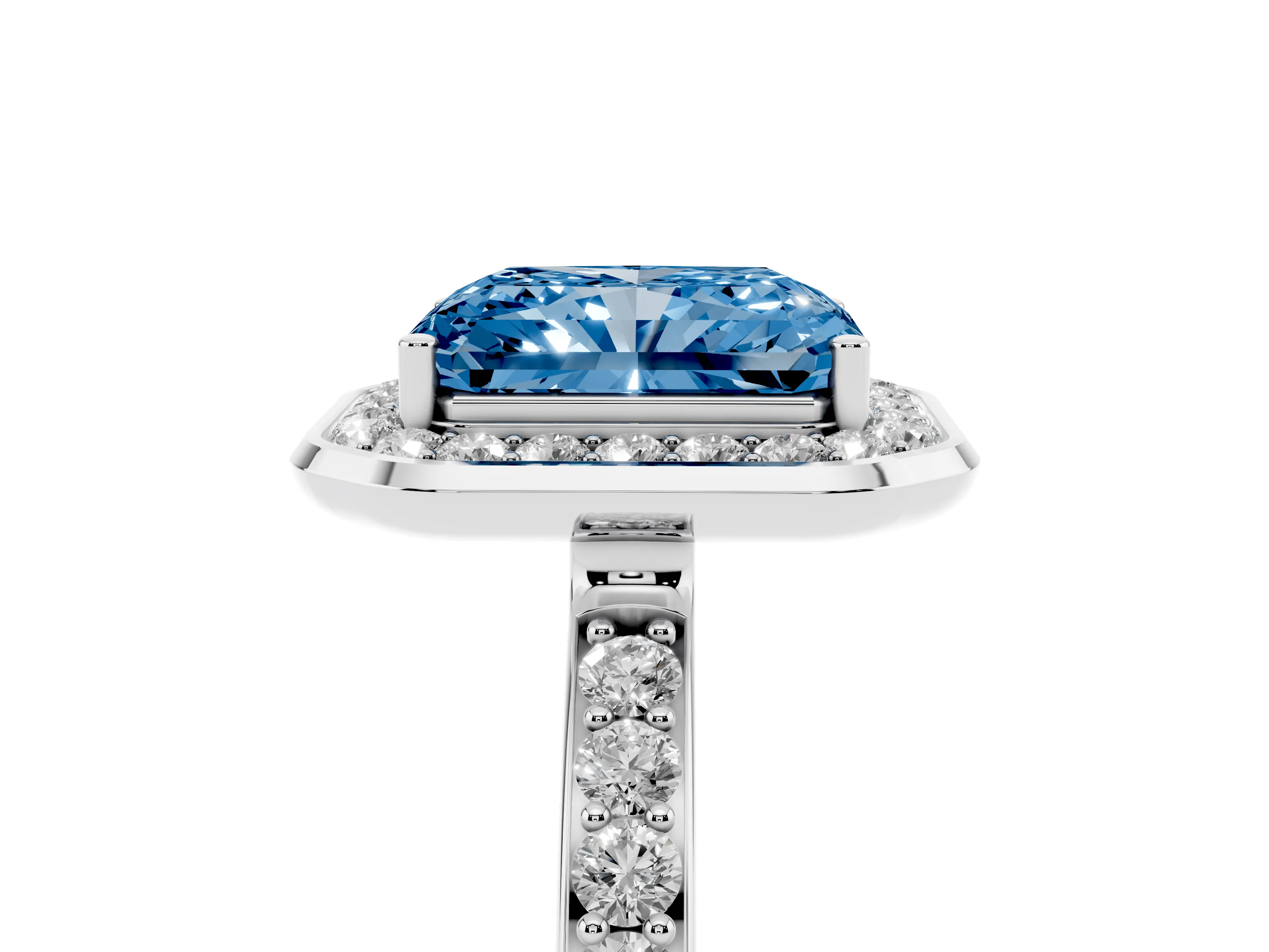 Fancy Blue Radiant Cut Diamond Halo Ring Set in Platinum with Bezel Frame and Pavé Band