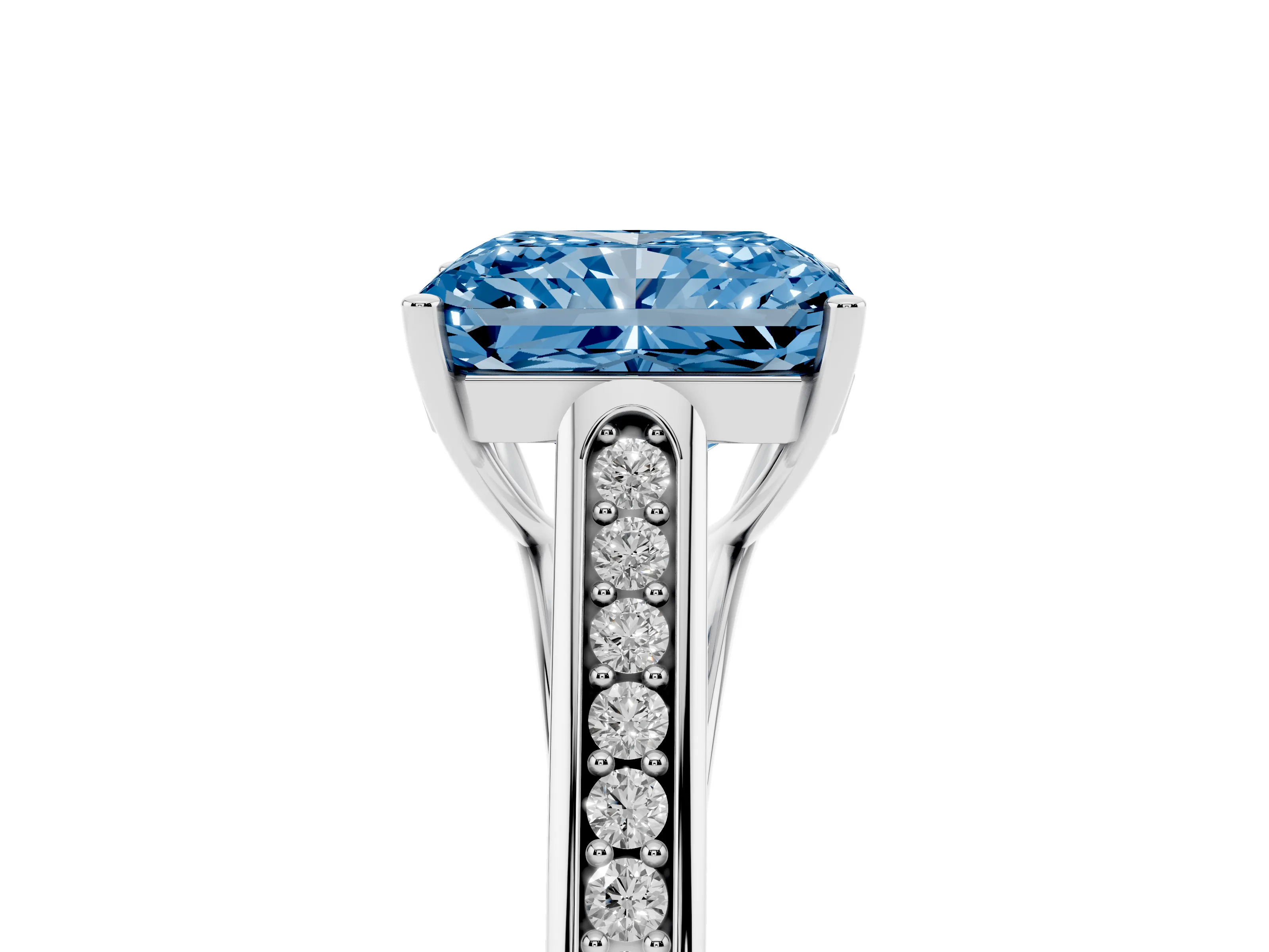 Fancy Blue Radiant Cut Diamond Solitaire Cathedral Engagement Ring Set in Platinum with Channel-Set Band and Prong Setting