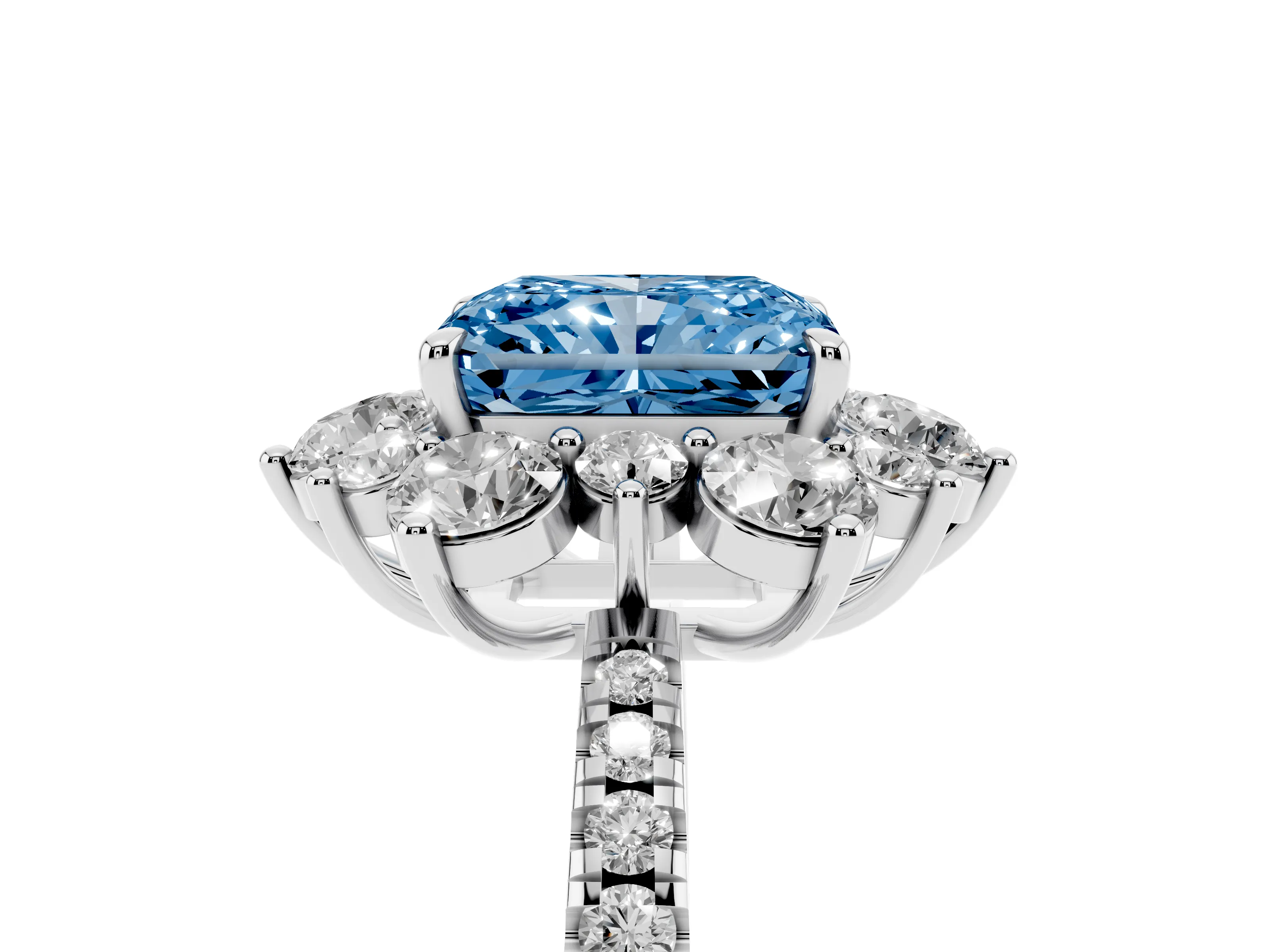 Fancy Blue Radiant Cut Diamond Floral Halo Ring Set in Silver with Round Pavé Band and Prong Setting
