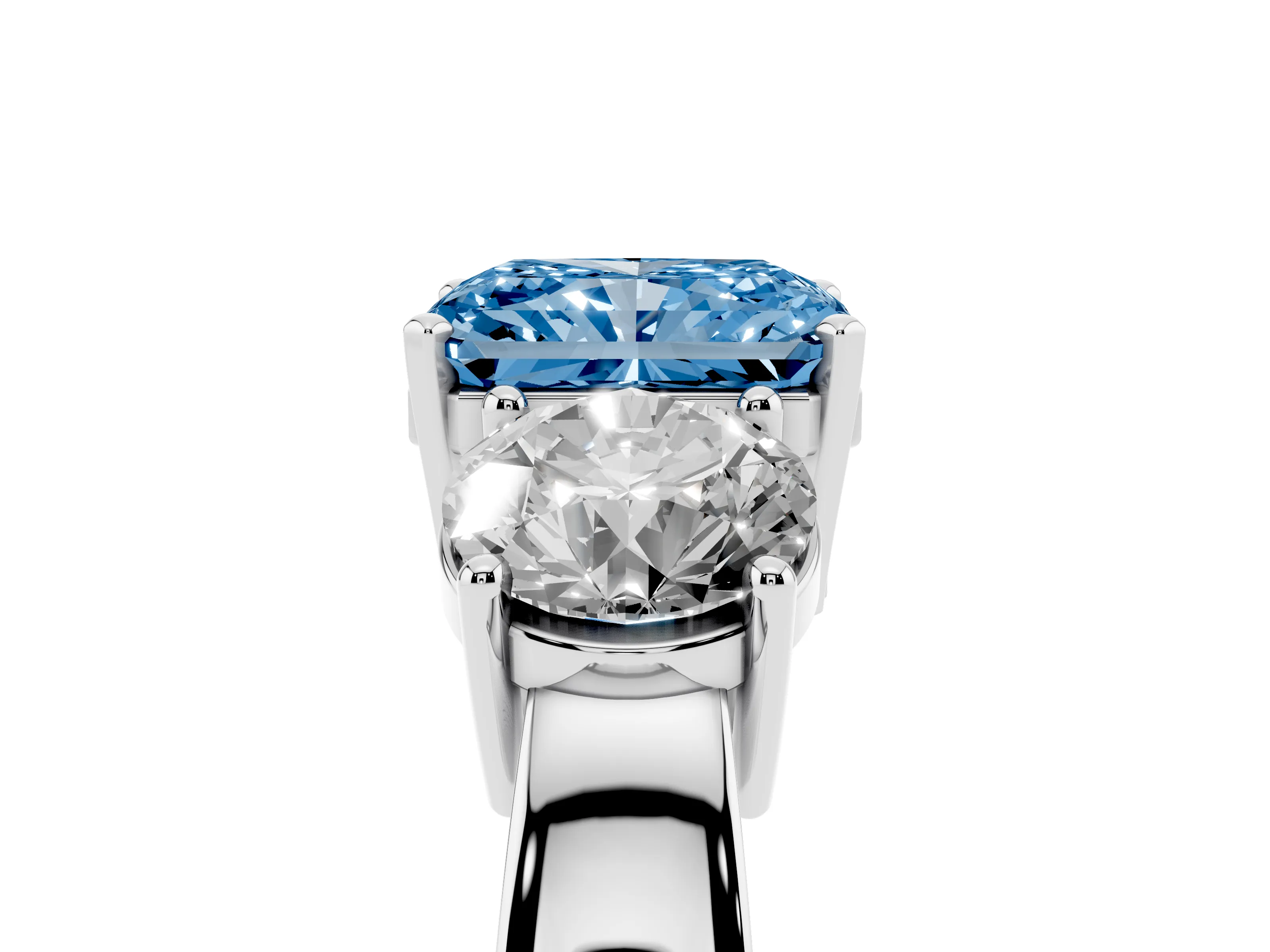 Fancy Blue Radiant Cut Diamond Three-Stone Ring Set in White gold with Round Side Stones and Classic Band