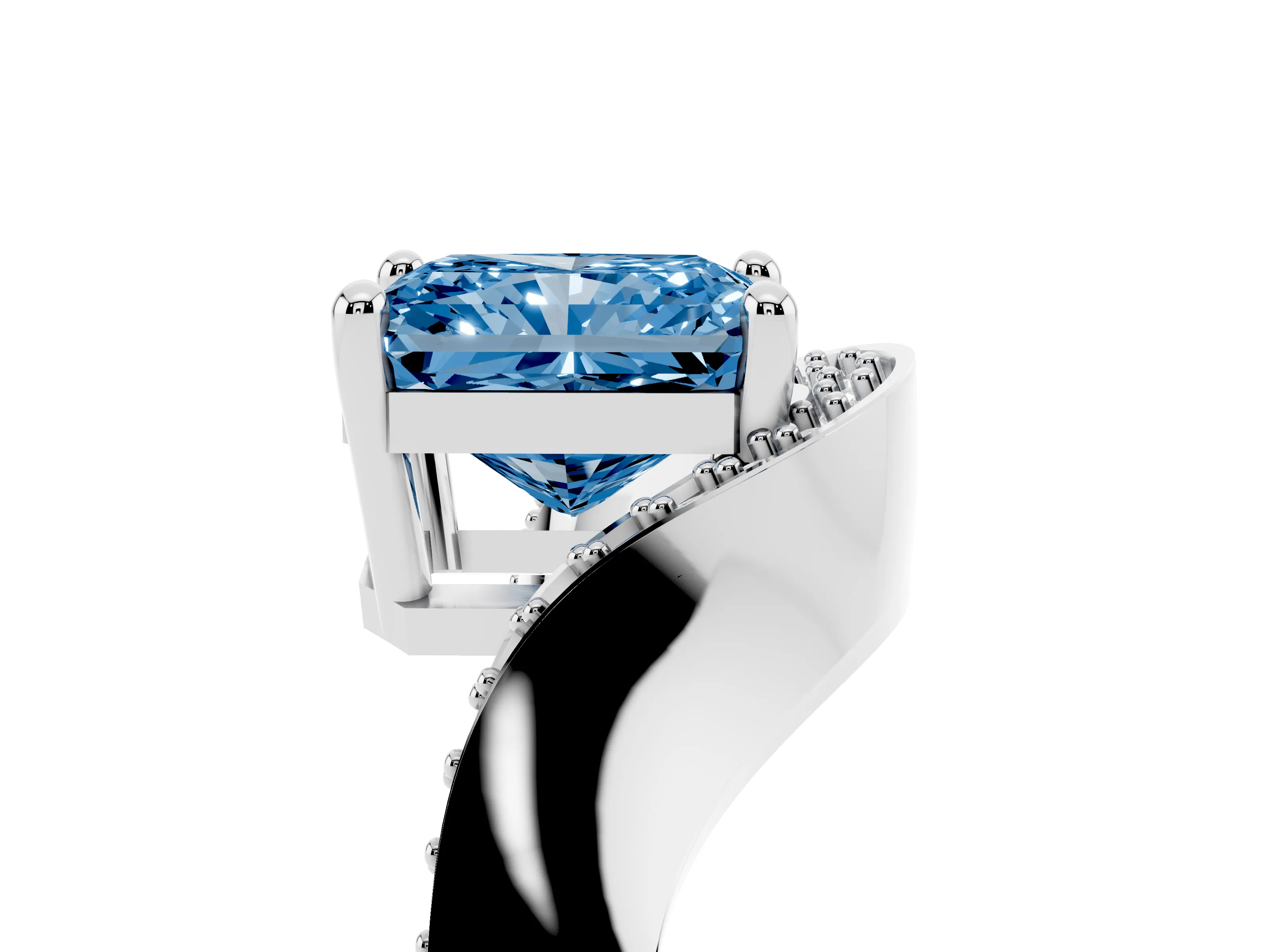 Fancy Blue Radiant Cut Diamond Solitaire Engagement Ring Set in Platinum with Pavé Shoulders