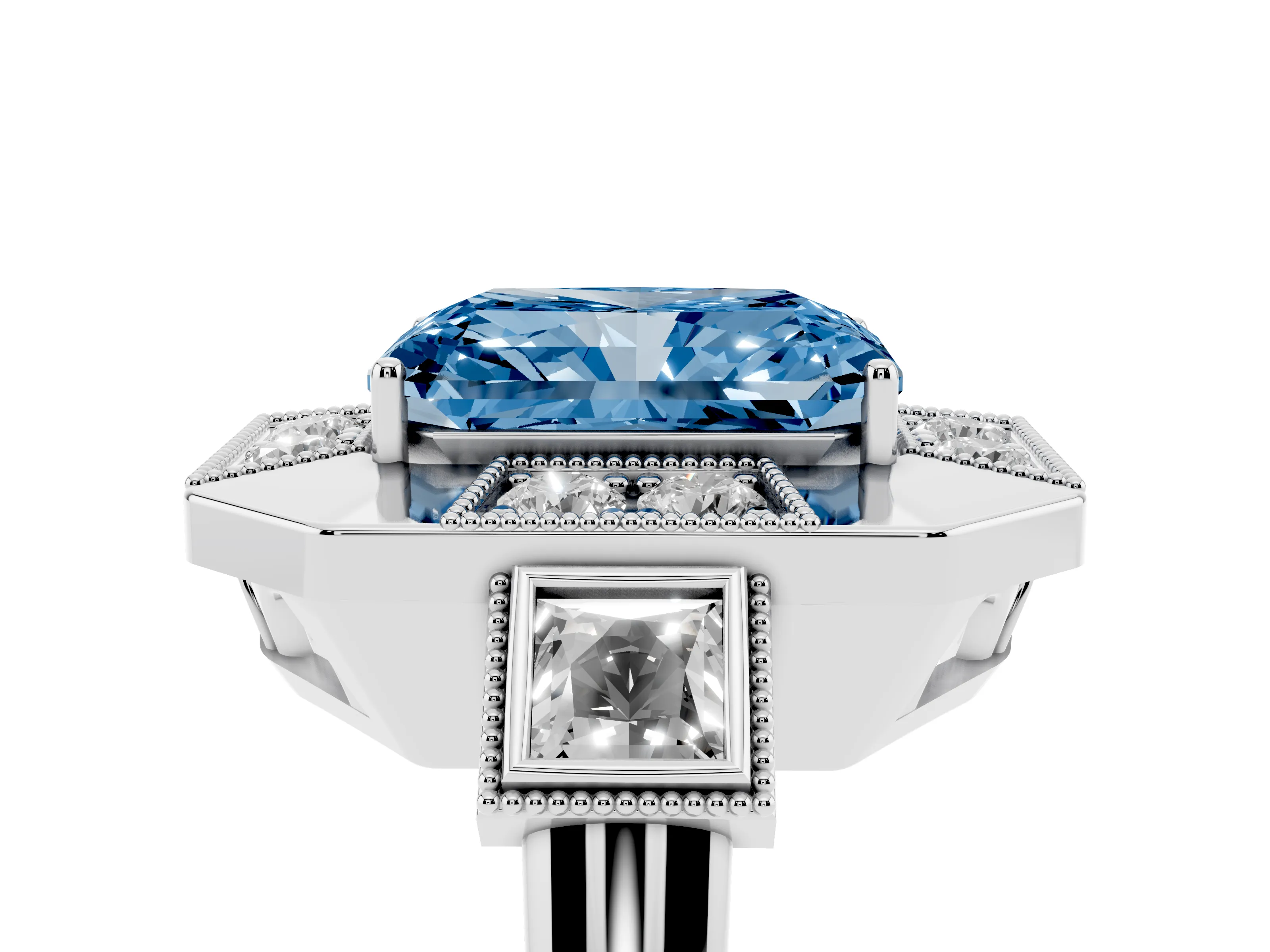 Fancy Blue Radiant Cut Diamond Milgrain Halo Ring Set in Platinum with Split Shank