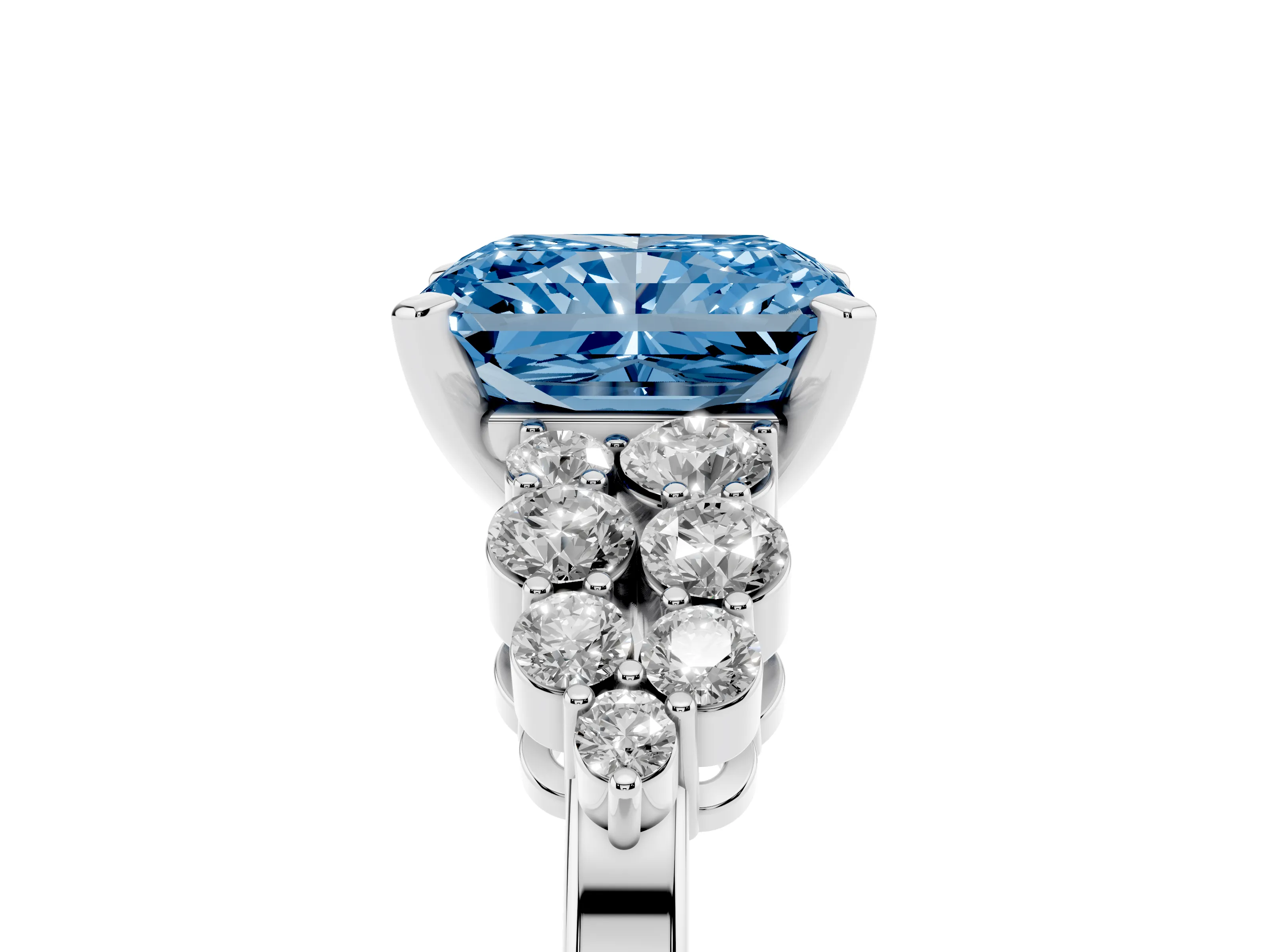 Fancy Blue Radiant Cut Diamond Cluster Engagement Ring Set in Silver with Pavé Band and Prong Setting