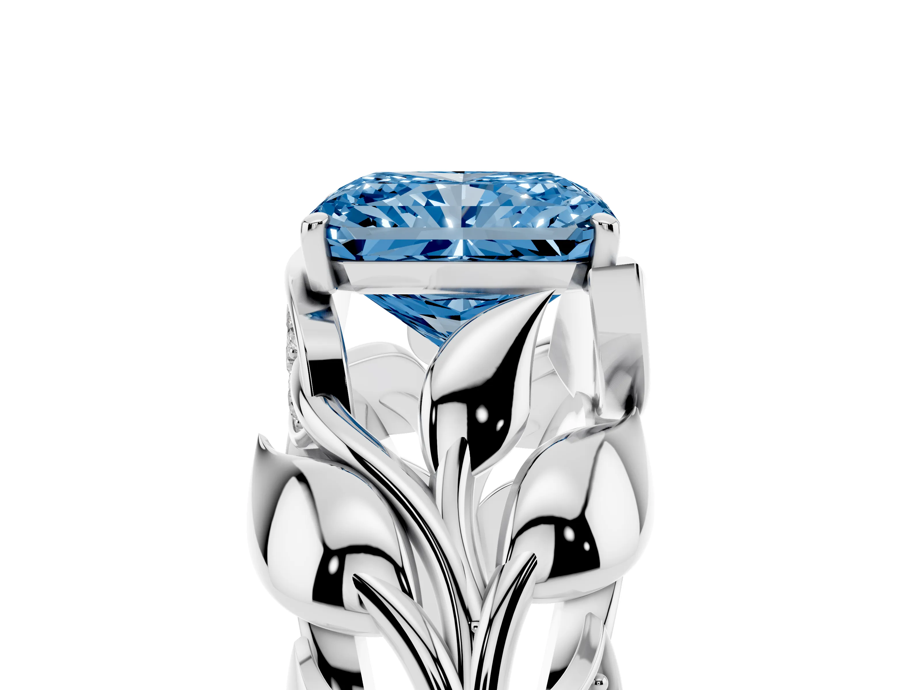 Fancy Blue Radiant Cut Diamond Leaf-Inspired Engagement Ring Set in Silver with Round Accents