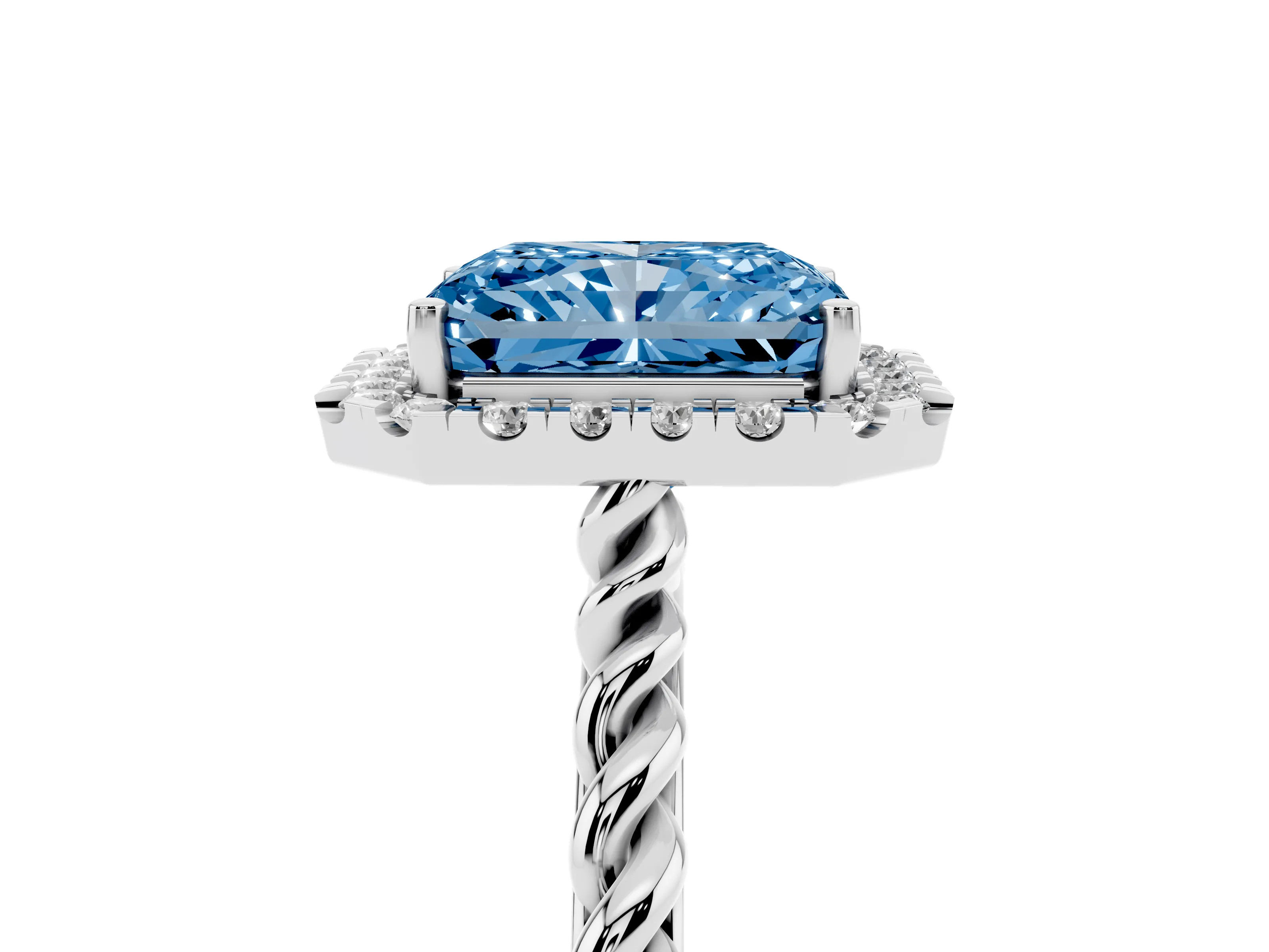 Fancy Blue Radiant Cut Diamond Halo Ring Set in Silver with Plain Twisted Band