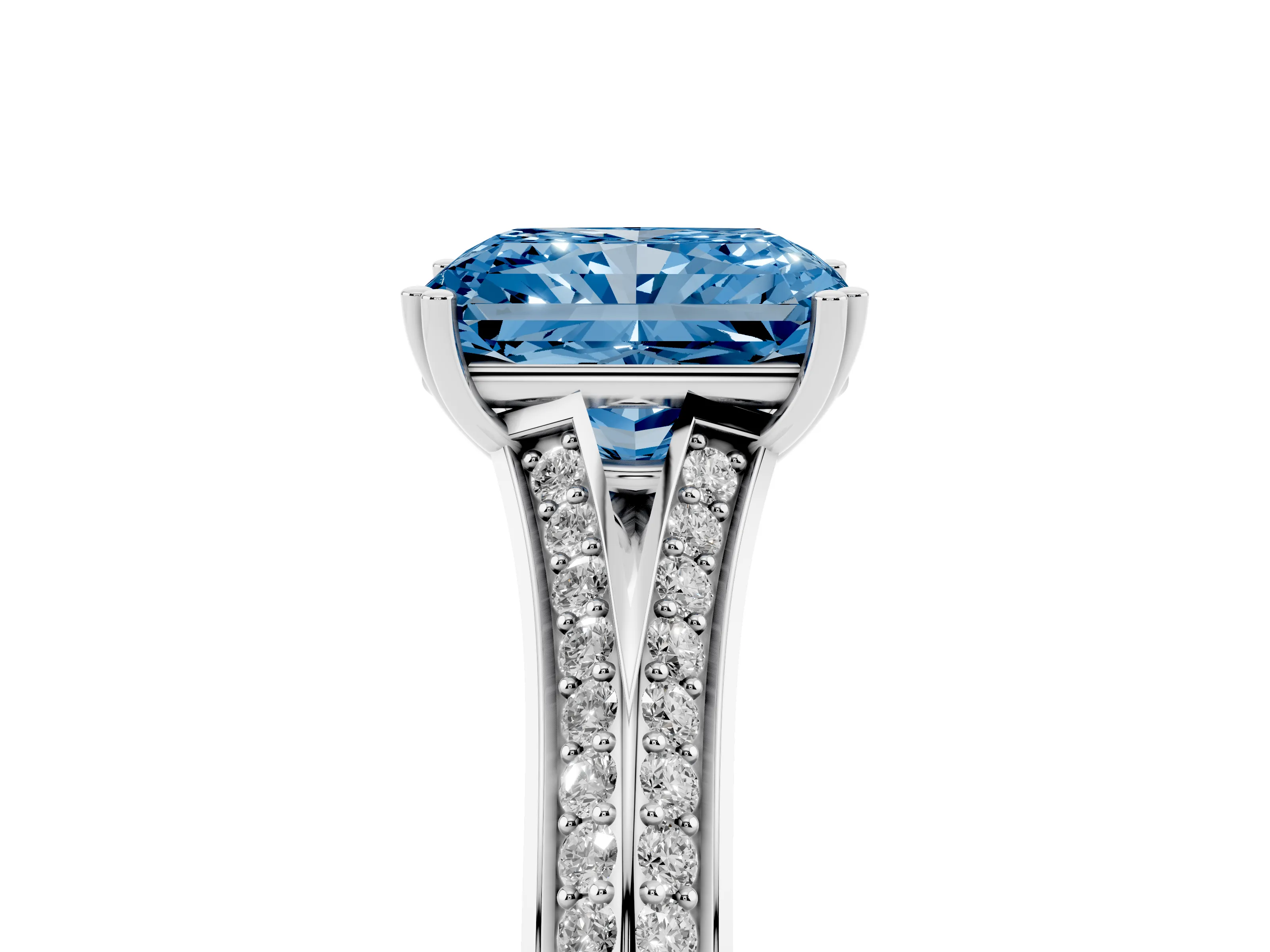 Fancy Blue Radiant Cut Diamond Split Shank Pavé Engagement Ring Set in Platinum with Prong-Set Center Stone