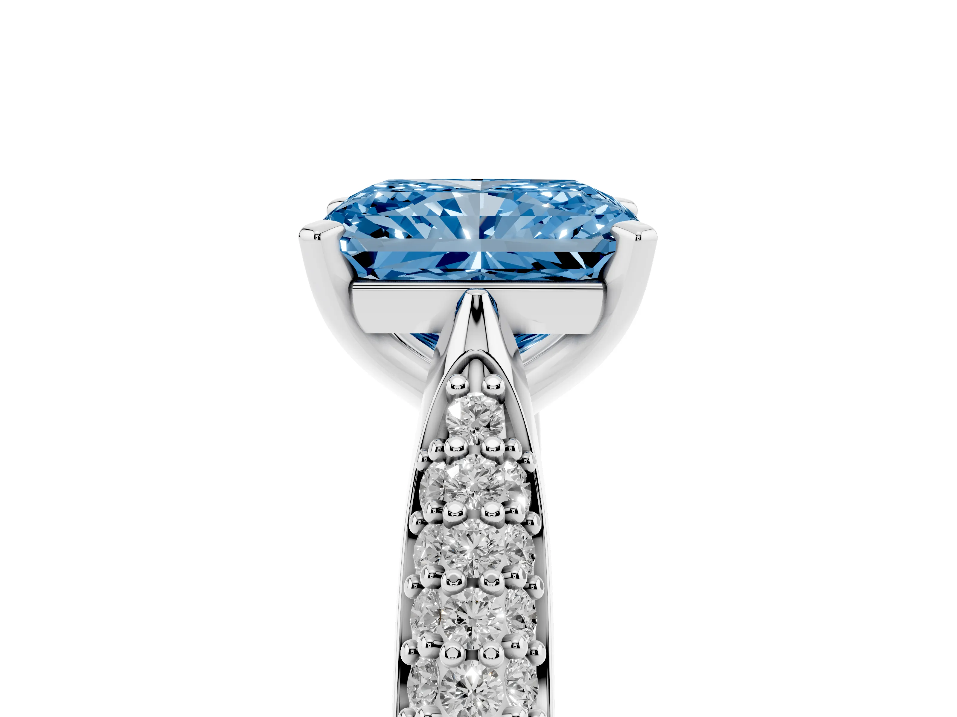 Fancy Blue Radiant Cut Diamond Solitaire Engagement Ring Set in White gold with Multi-Row Round Pavé Band and Prong Setting