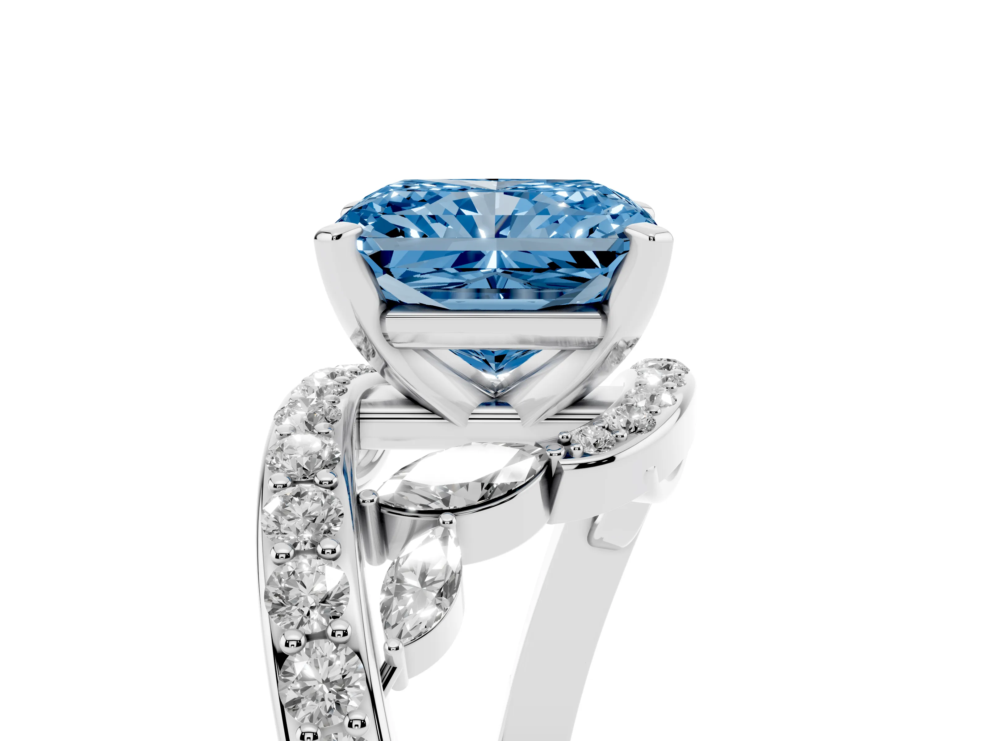 Fancy Blue Radiant Cut Diamond Solitaire Ring Set in Platinum with Pavé Twist Band and Secure Prong Setting