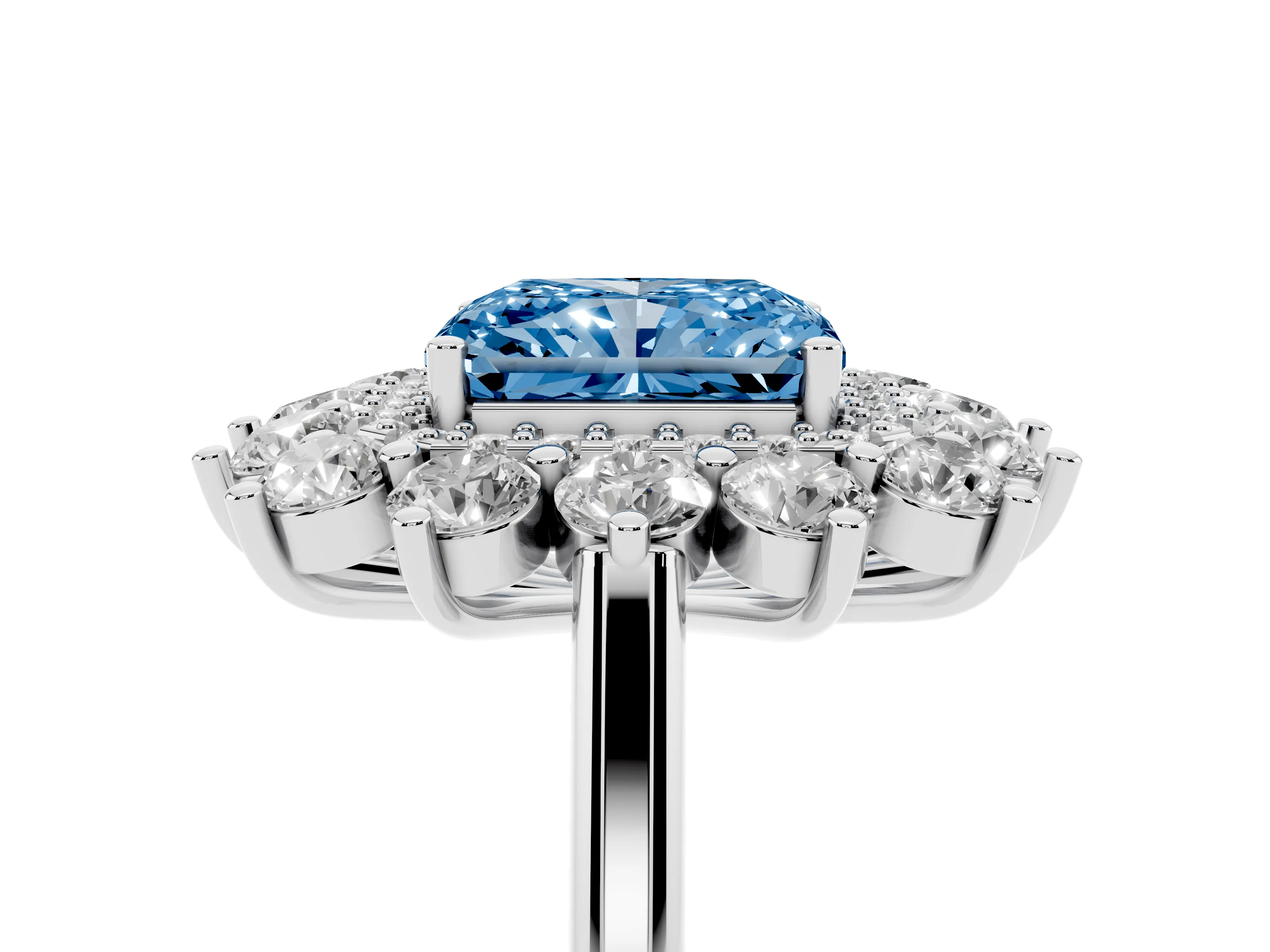 Fancy Blue Radiant Cut Diamond Floral Double Halo Ring Set in Platinum with Round Petals
