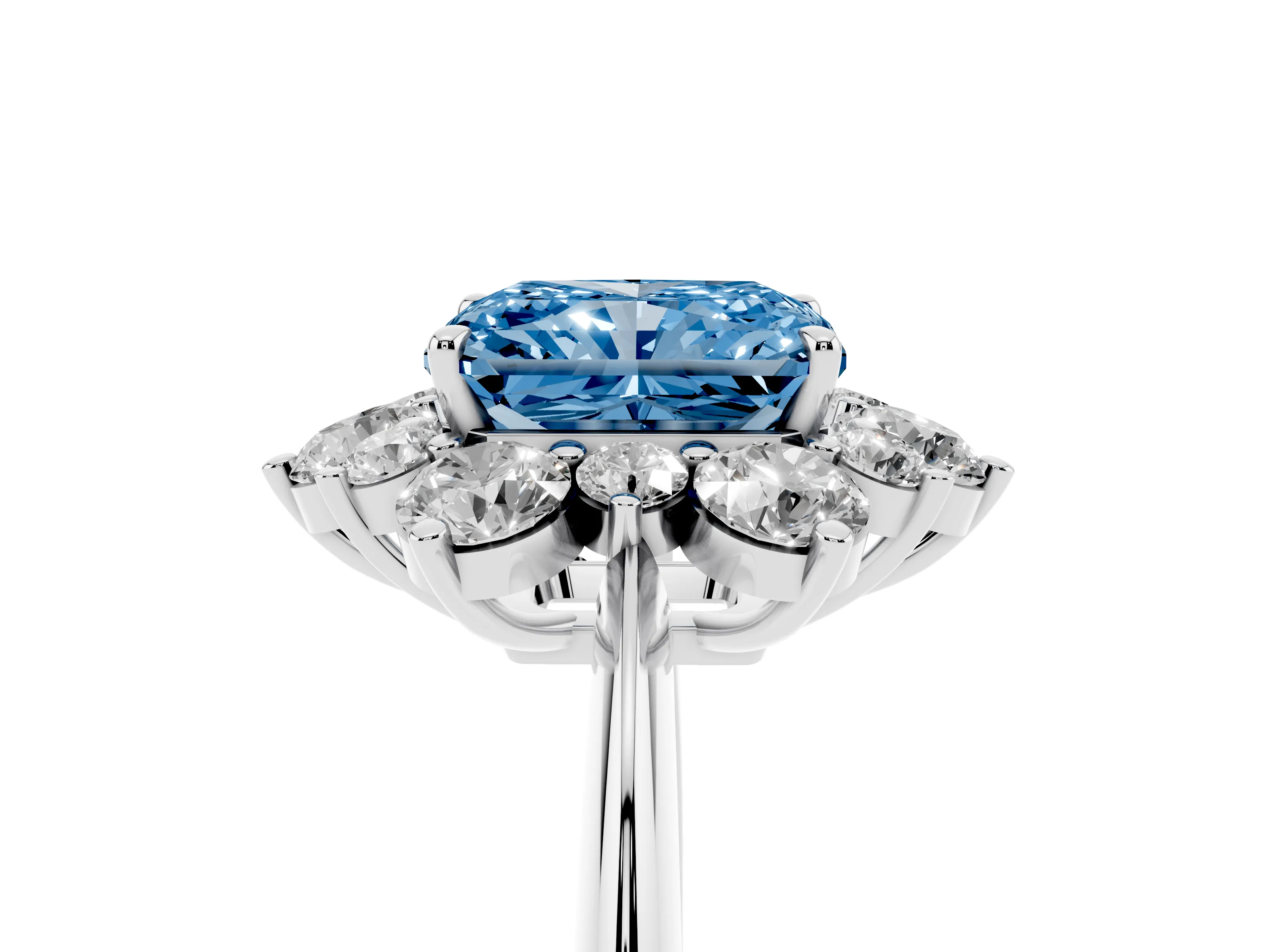 Fancy Blue Radiant Cut Diamond Cluster Halo Ring Set in Platinum with Solitaire Band and Prong Setting