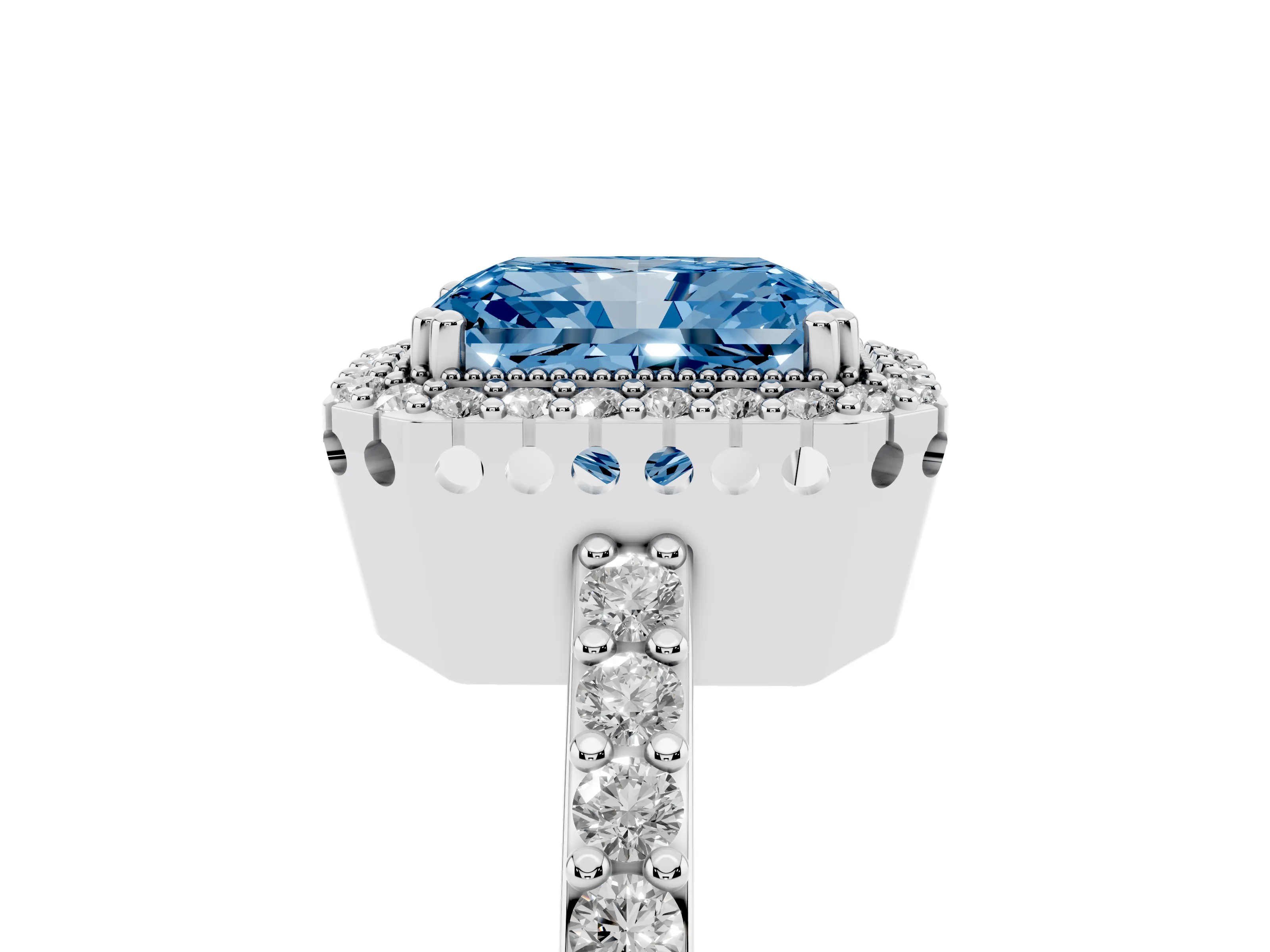 Fancy Blue Radiant Cut Diamond Halo Engagement Ring Set in White gold with Milgrain Detail and Pavé Band