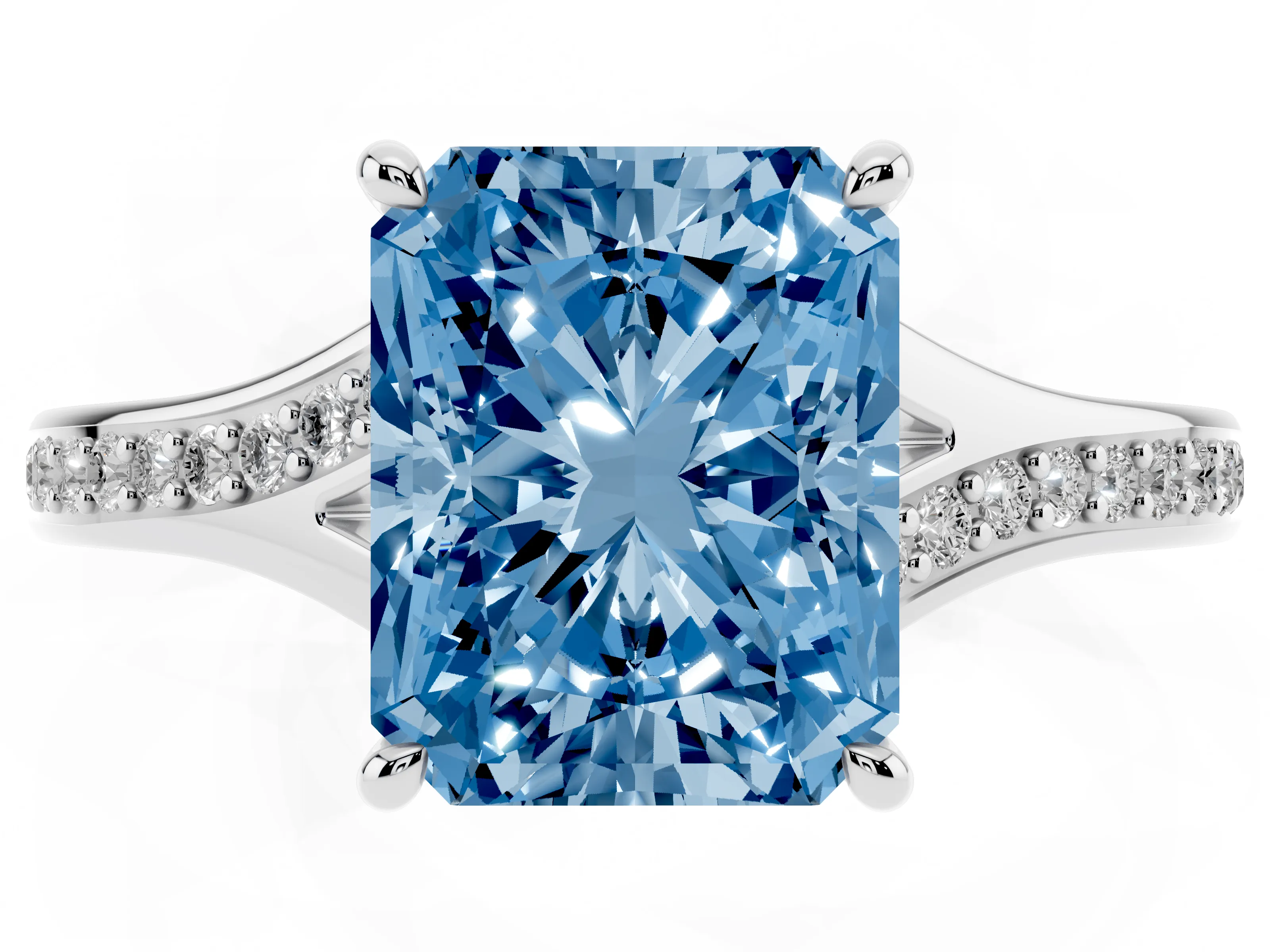 Fancy Blue Radiant Cut Diamond Solitaire Ring Set in Platinum with Pavé Accent Band and Classic Prong Setting