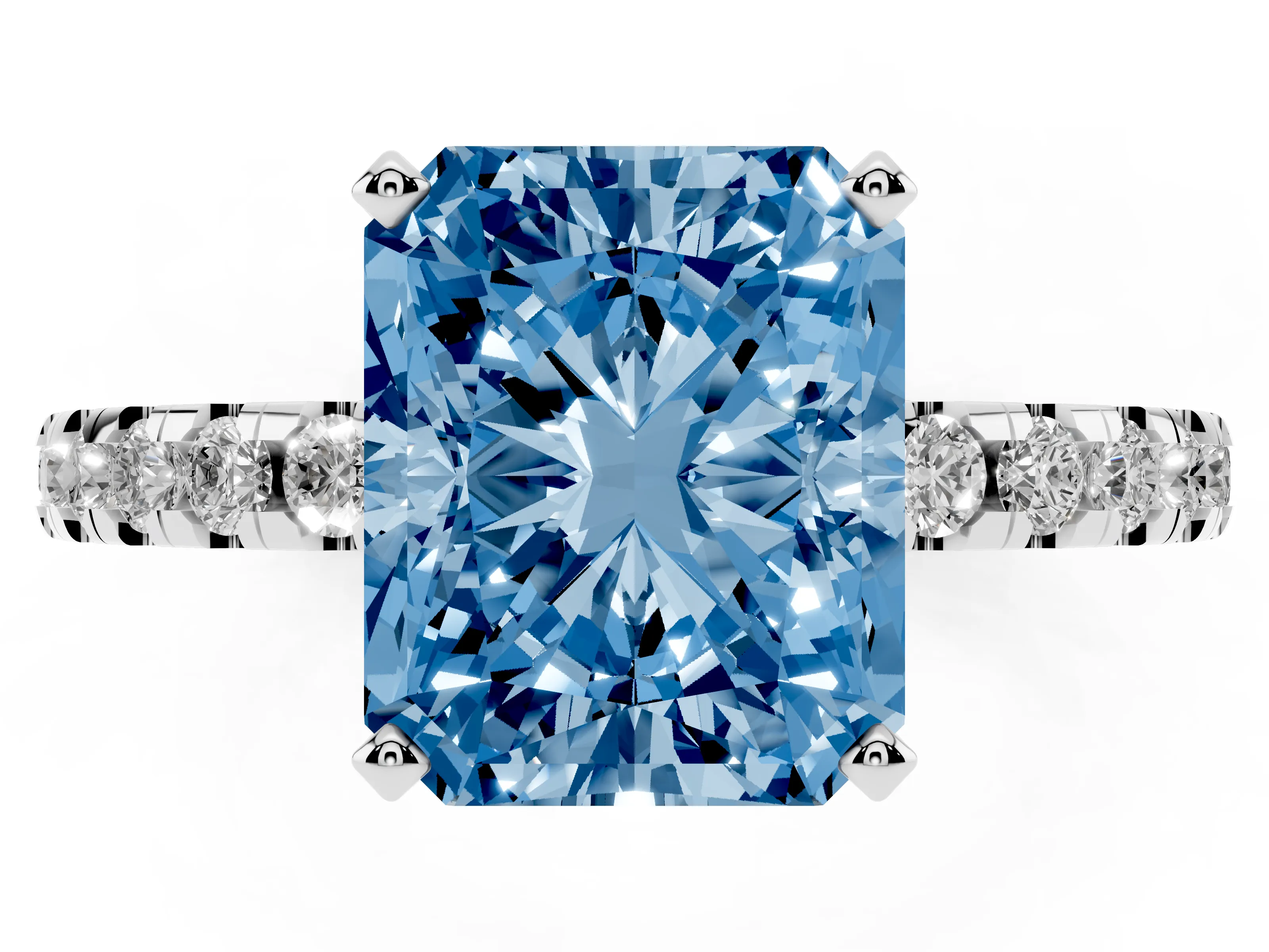 Fancy Blue Radiant Cut Diamond Pavé Solitaire Ring Set in Silver with Round Band Accents and Prong Setting