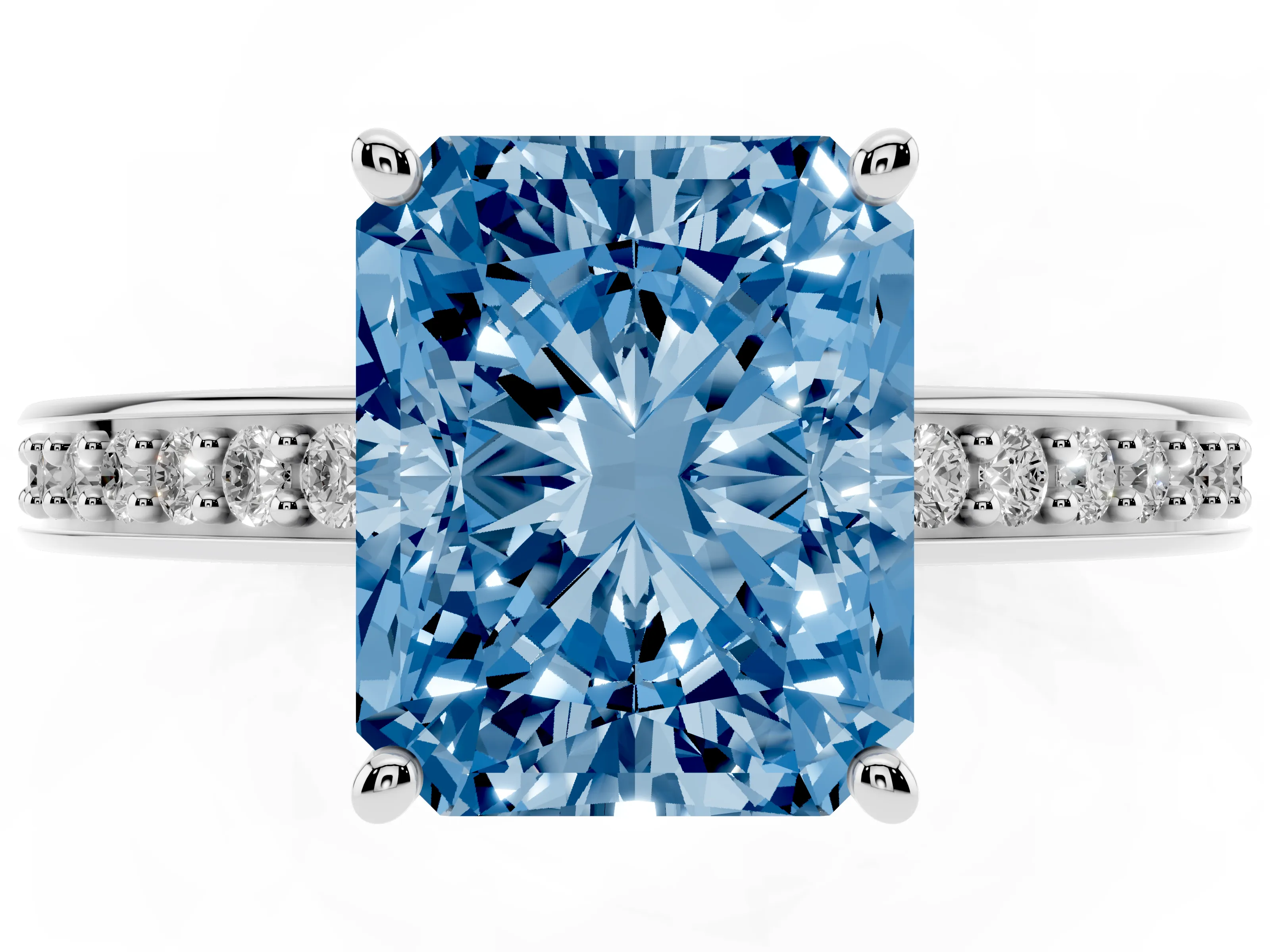 Fancy Blue Radiant Cut Diamond Pavé Band Prong Set Solitaire Ring Set in Silver