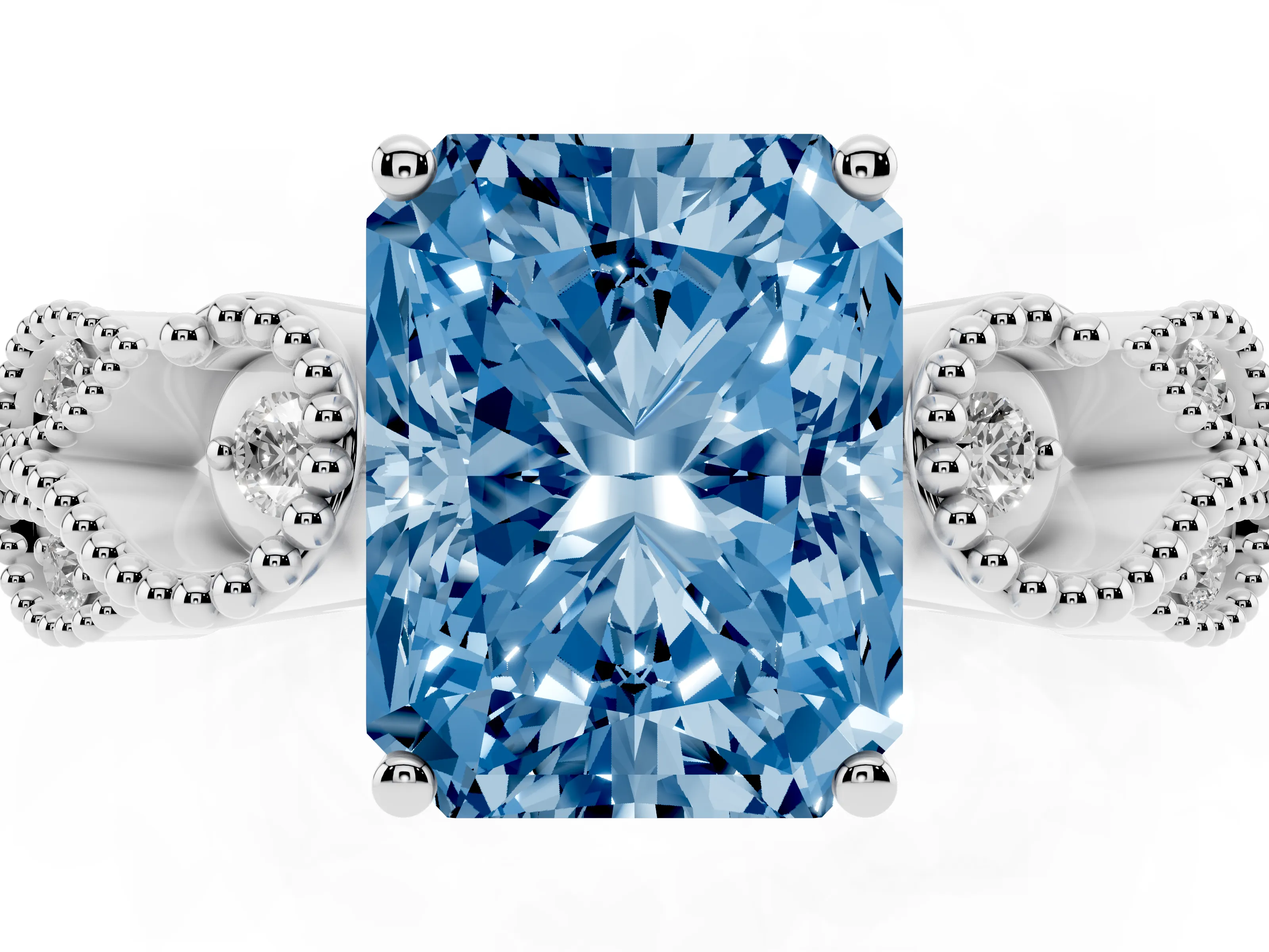Fancy Blue Radiant Cut Diamond Milgrain Leaf Band Solitaire Ring Set in Platinum with Accent Stones and Prong Setting