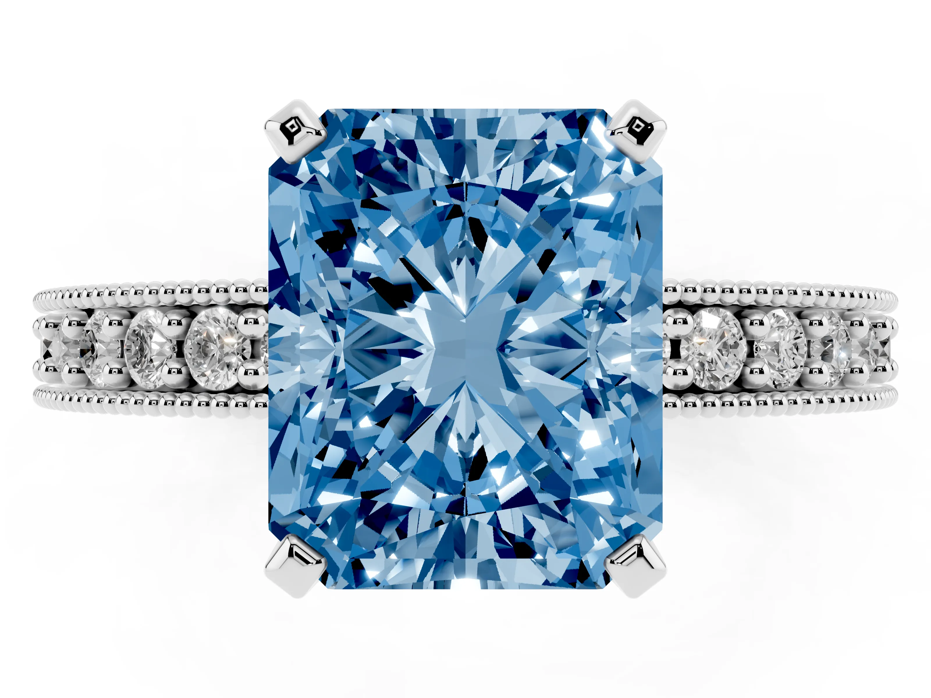 Fancy Blue Radiant Cut Diamond Milgrain Pavé Engagement Ring Set in White gold with Prong Setting