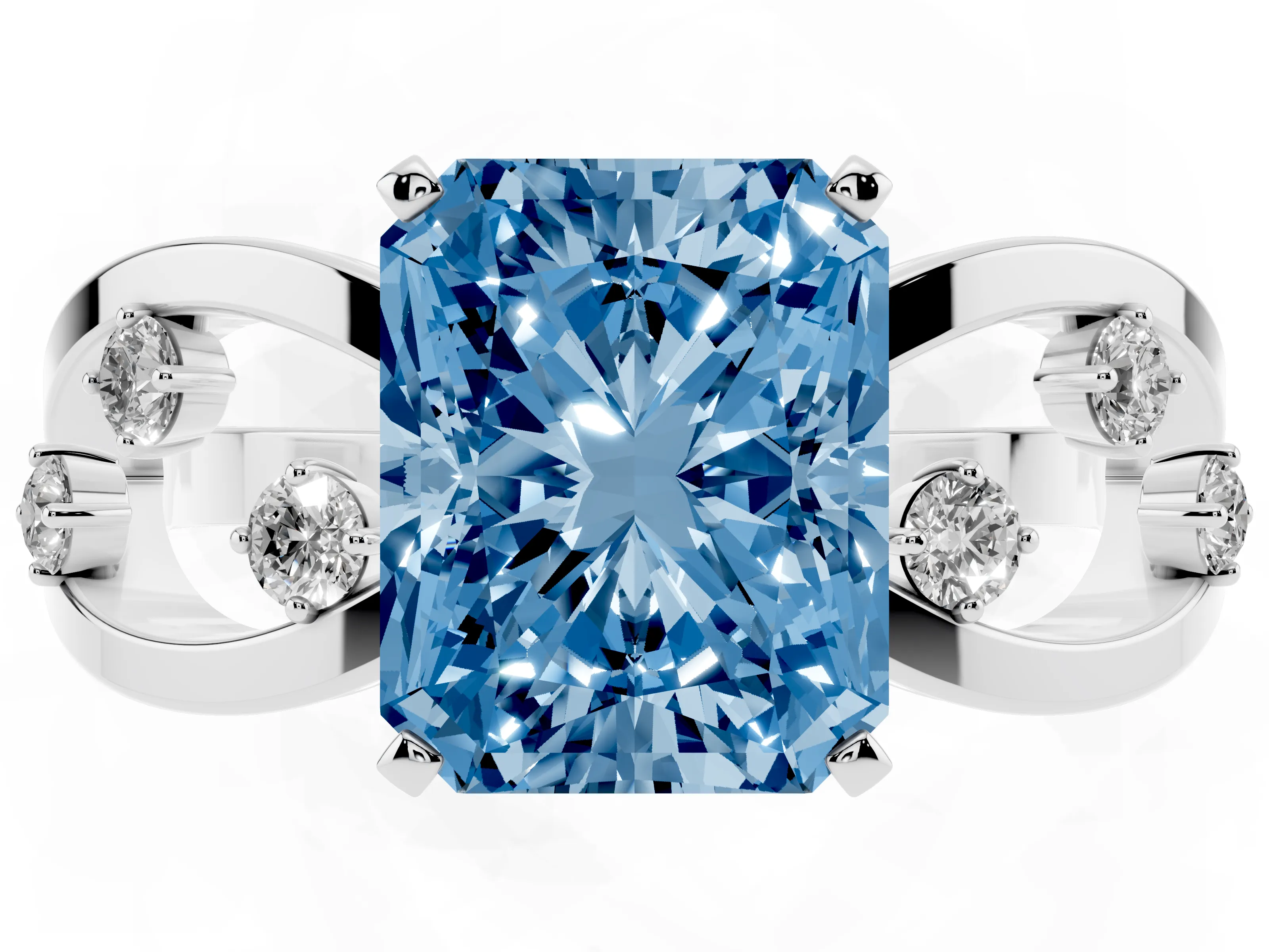 Fancy Blue Radiant Cut Diamond Solitaire Ring Set in Platinum with Side Stones on Criss-Cross Band and Prong Setting