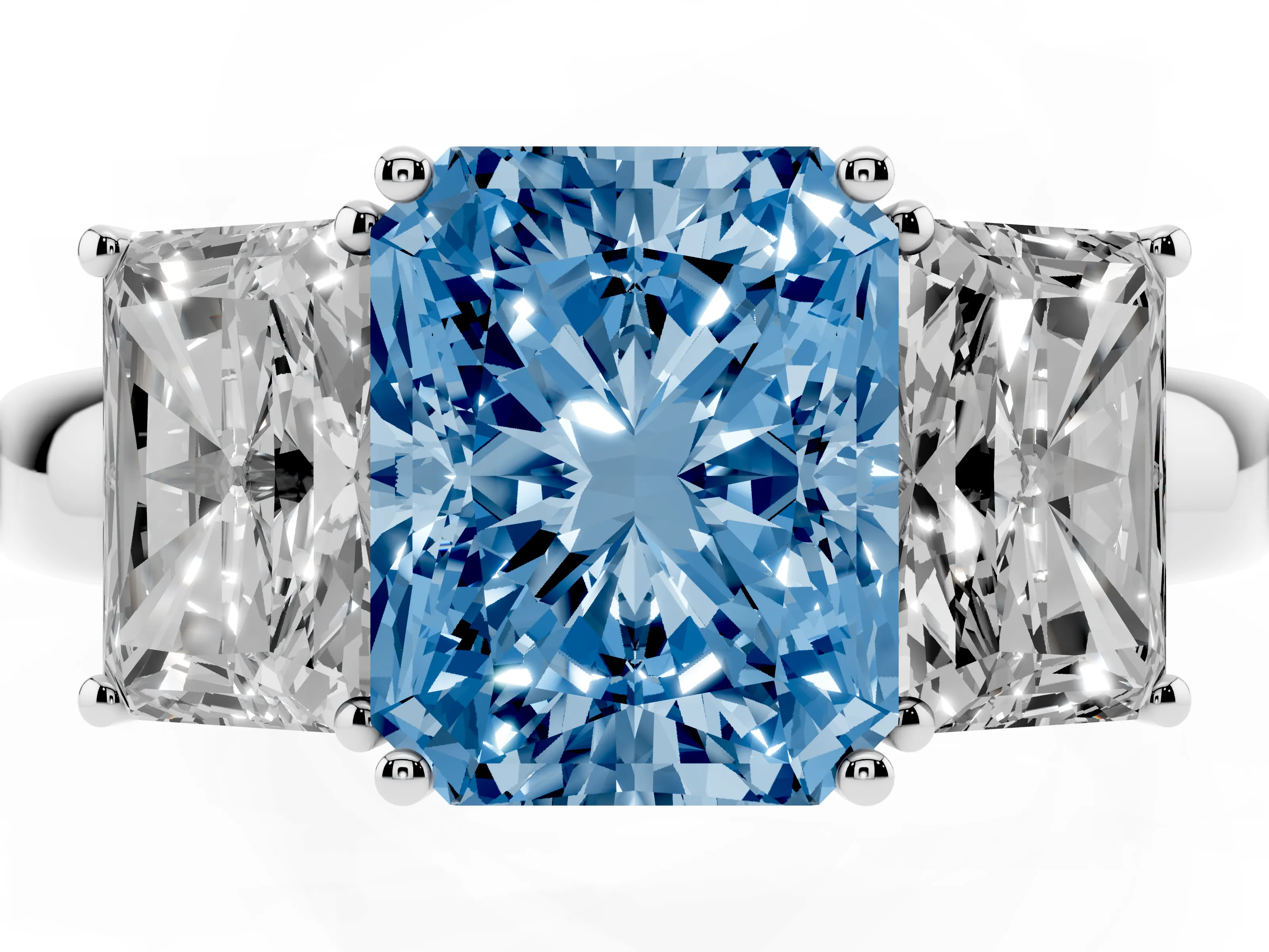 Fancy Blue Radiant Cut Diamond Three-Stone Ring Set in Platinum with Bold Center and Classic Band
