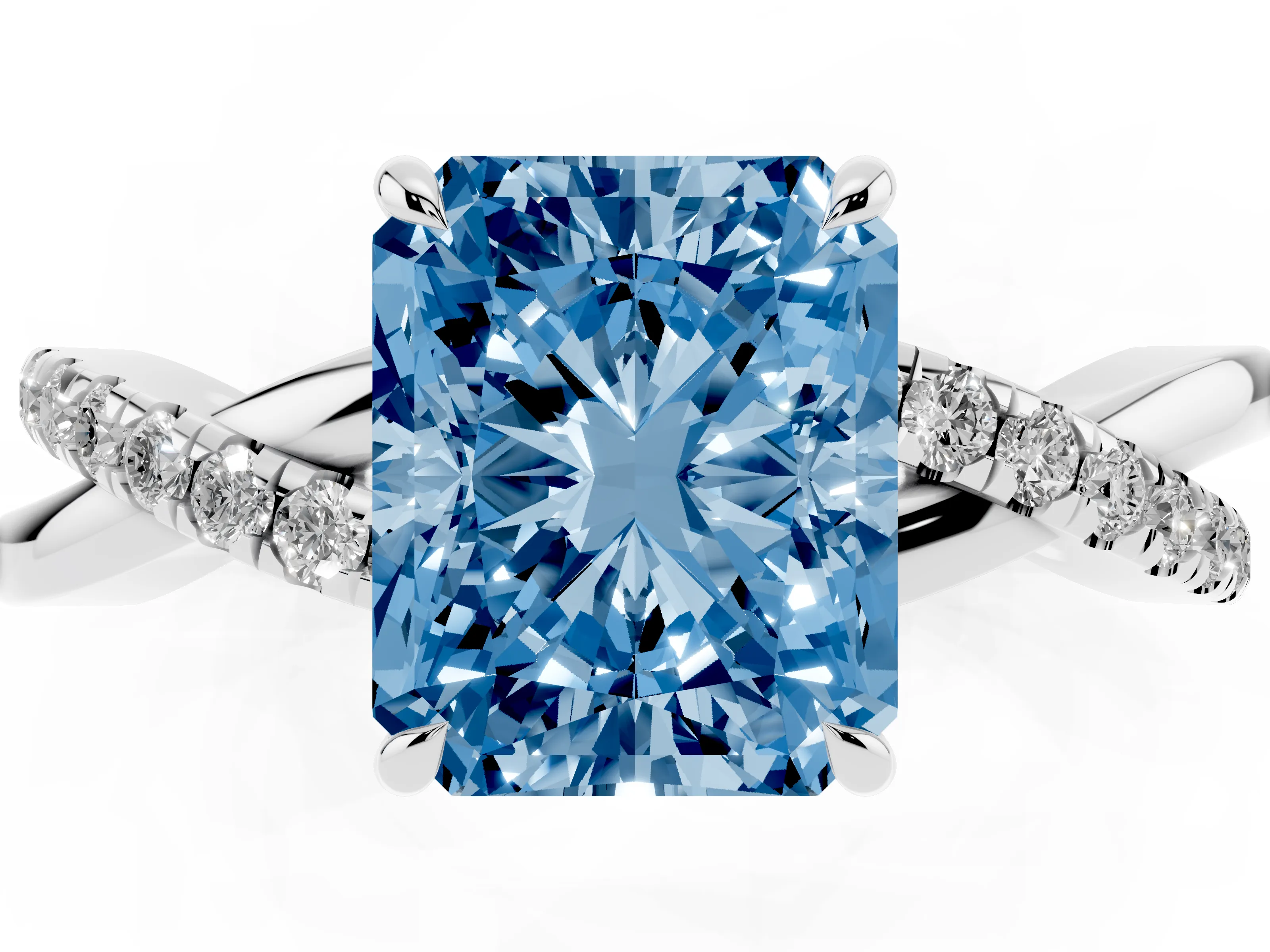 Fancy Blue Radiant Cut Diamond Twisted Pavé Band Ring Set in Silver with Prong Setting
