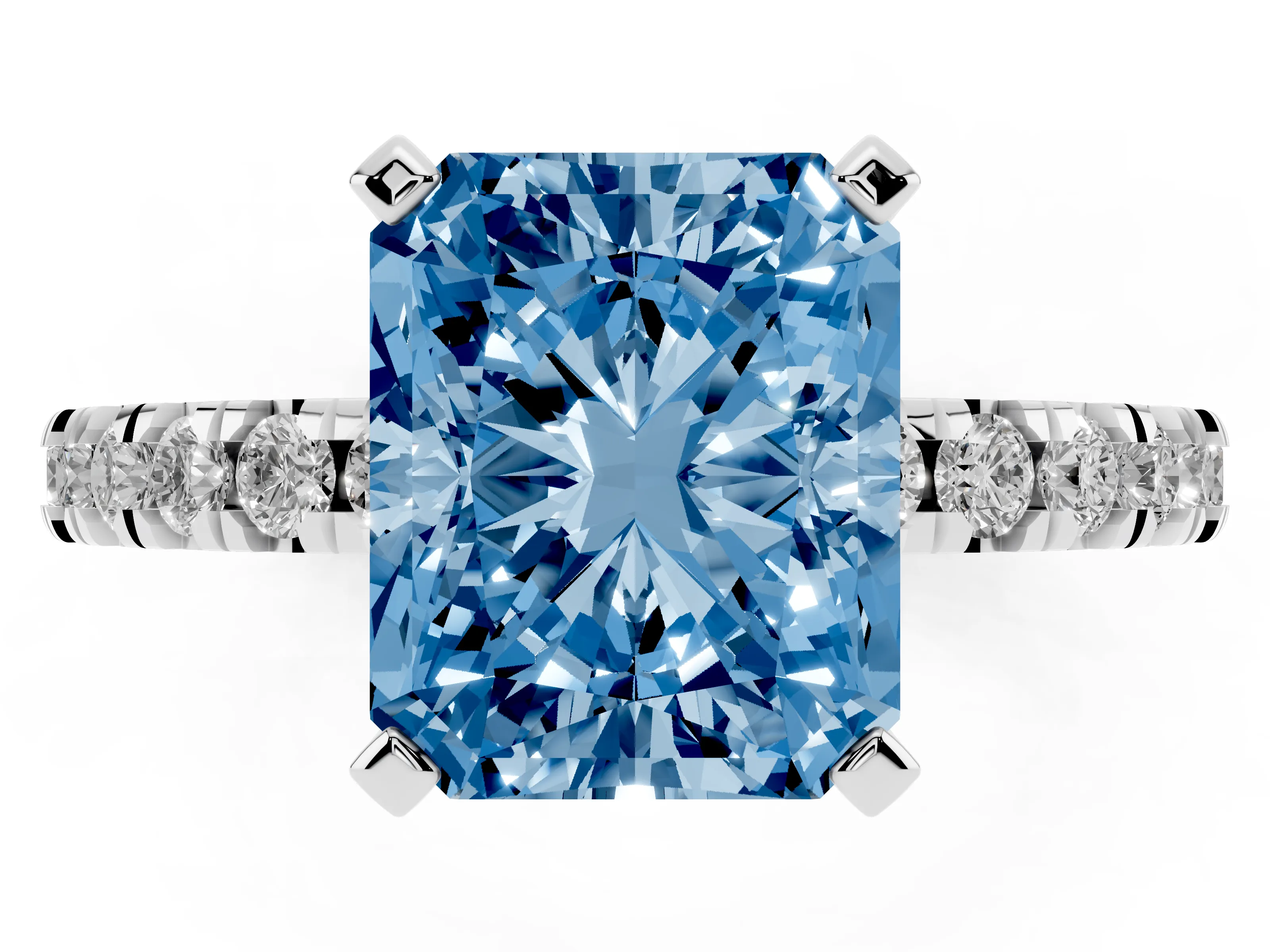 Fancy Blue Radiant Cut Diamond Pavé Band Solitaire Set in Silver with Prong Setting