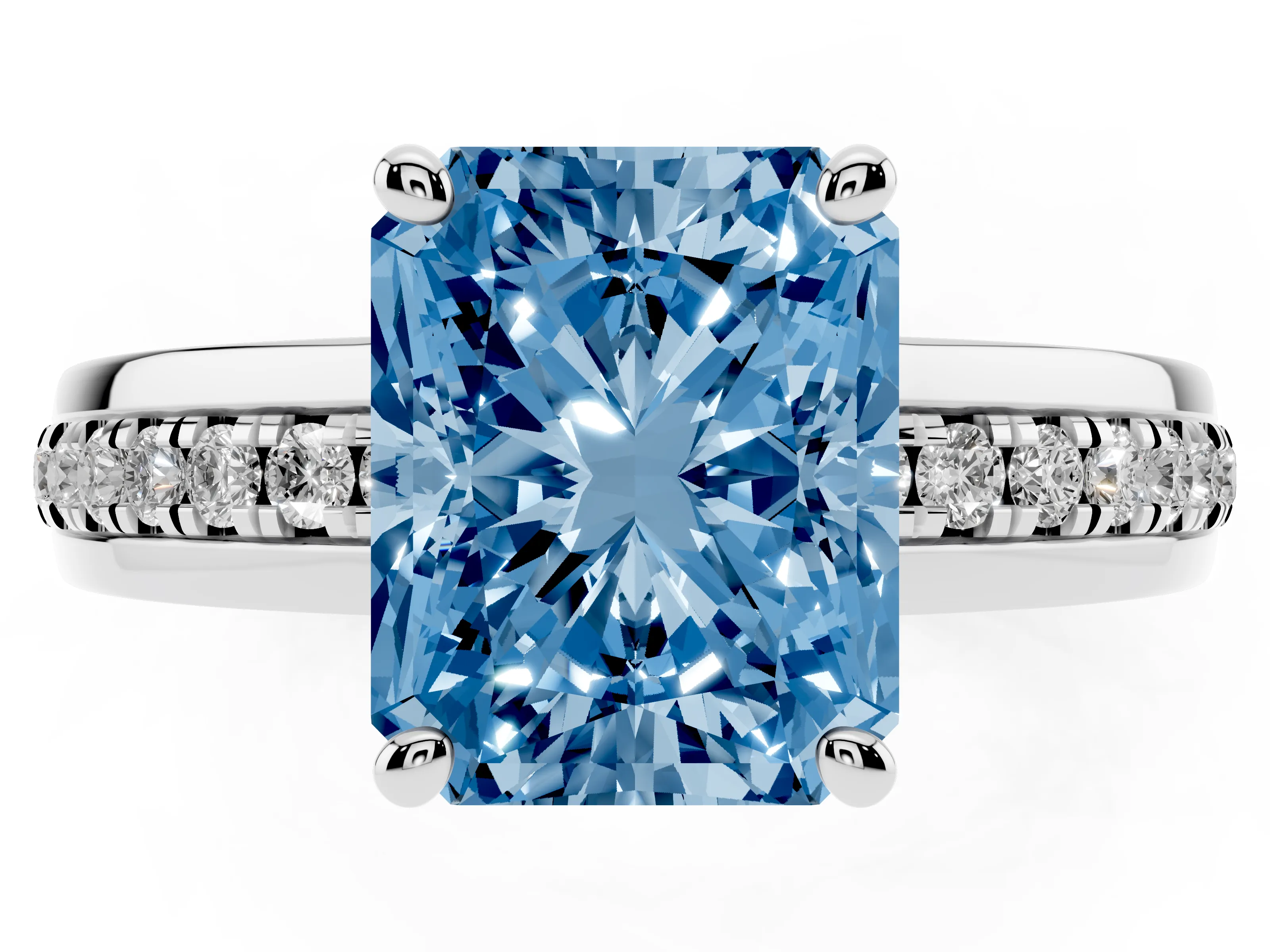 Fancy Blue Radiant Cut Diamond Solitaire Ring Set in White gold with Channel Set Band and Prong Setting
