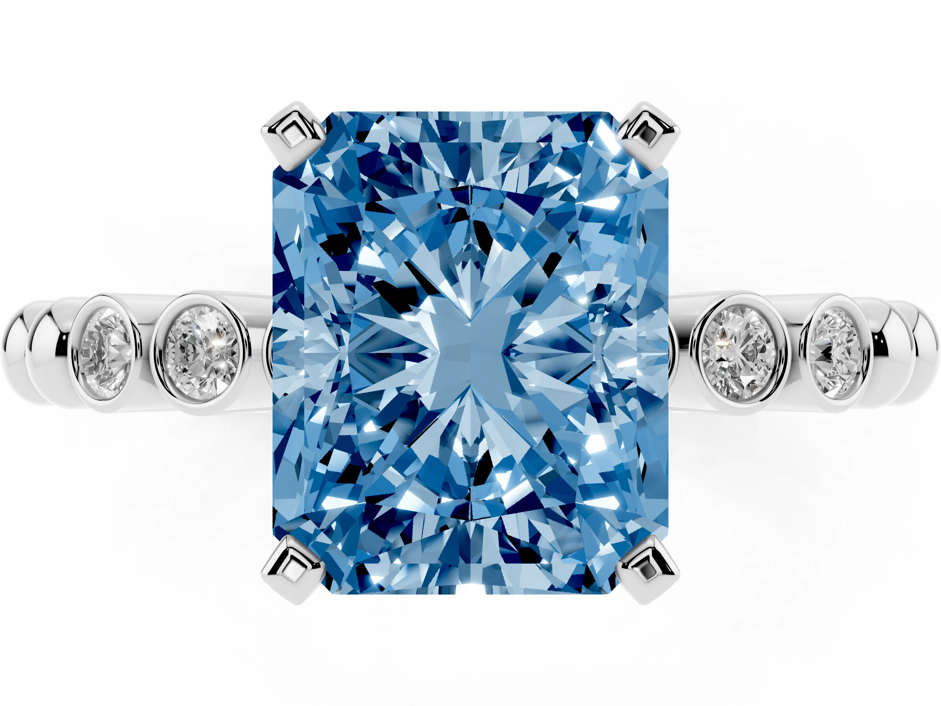 Fancy Blue Radiant Cut Diamond Solitaire Engagement Ring Set in Platinum with Bezel Accents on Beaded Band