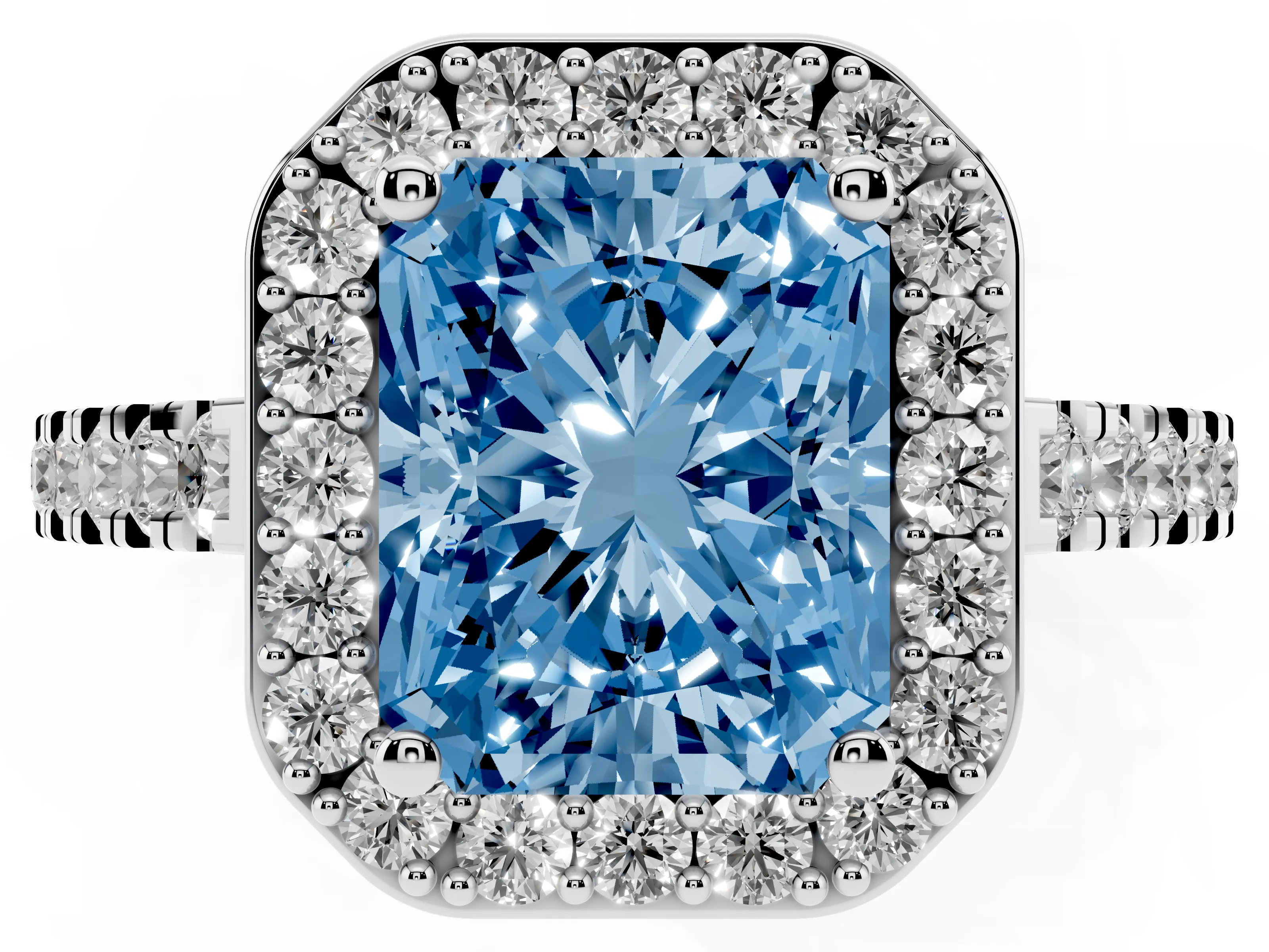 Fancy Blue Radiant Cut Diamond Halo Ring Set in Platinum with Round Pavé Split Shank and Prong Setting