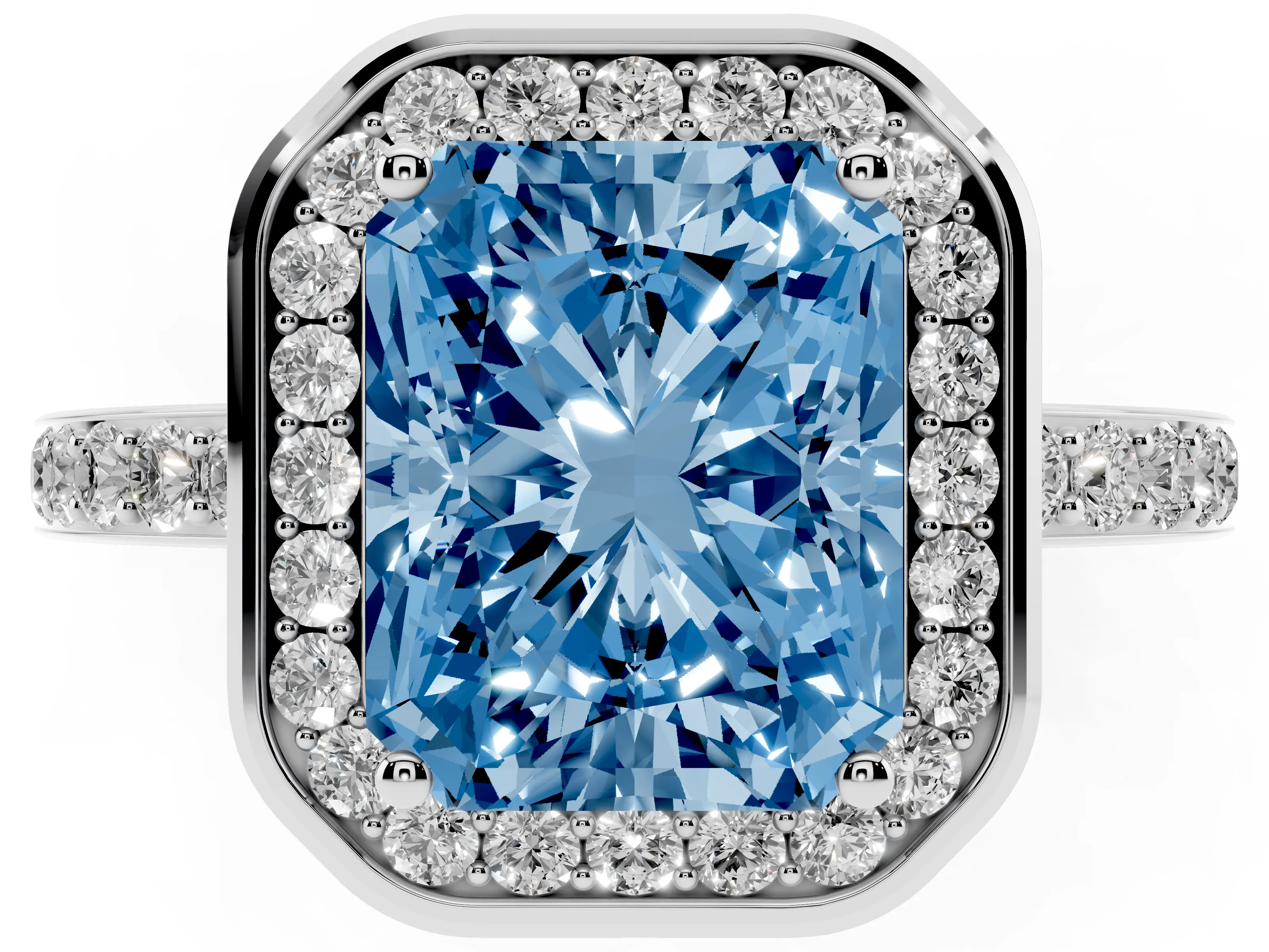 Fancy Blue Radiant Cut Diamond Halo Ring Set in Platinum with Bezel Frame and Pavé Band
