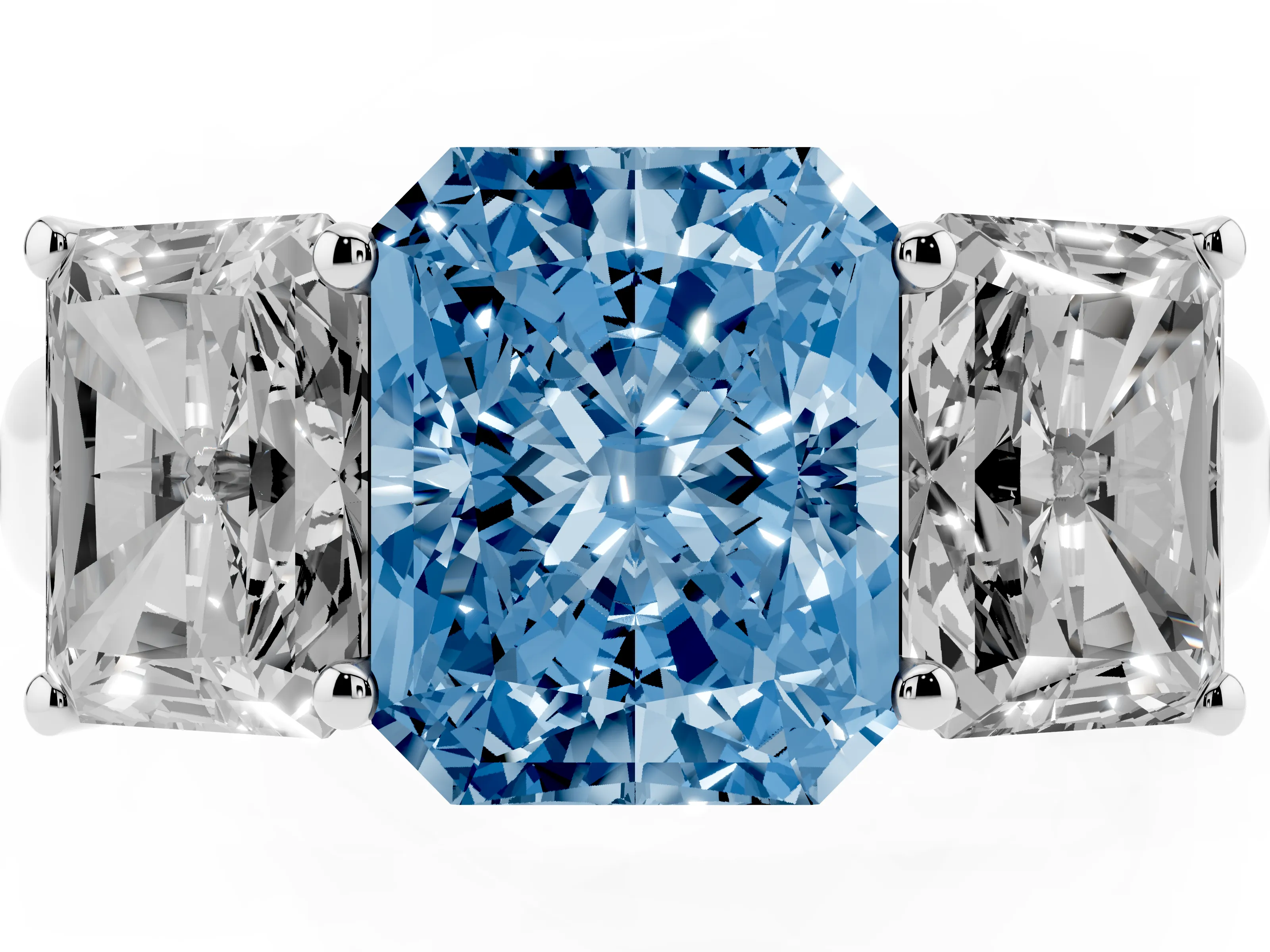 Fancy Blue Radiant Cut Diamond Three-Stone Ring Set in White gold with Plain Polished Band