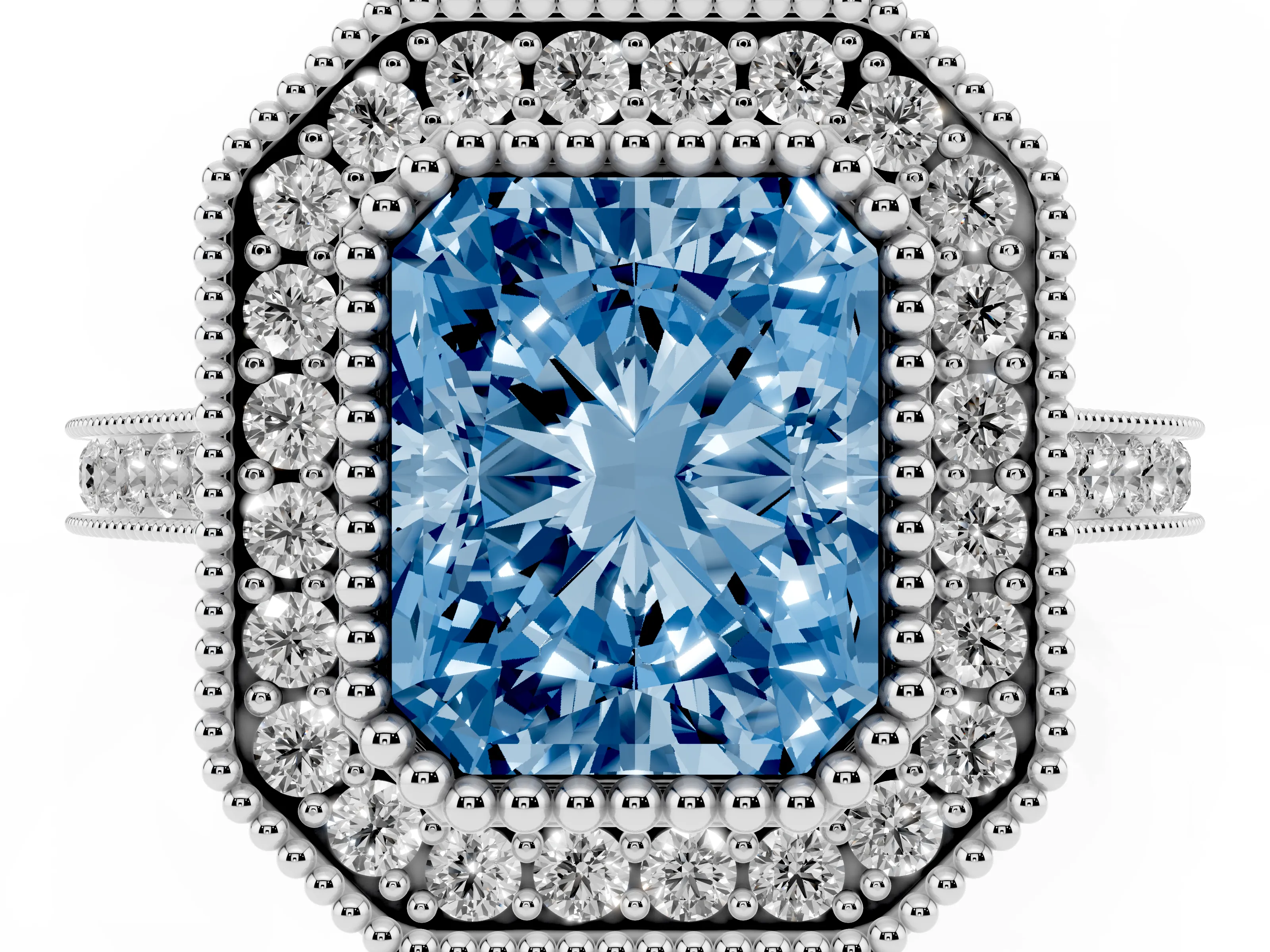 Fancy Blue Radiant Cut Diamond Halo Ring Set in White gold with Milgrain Frame and Pavé Band