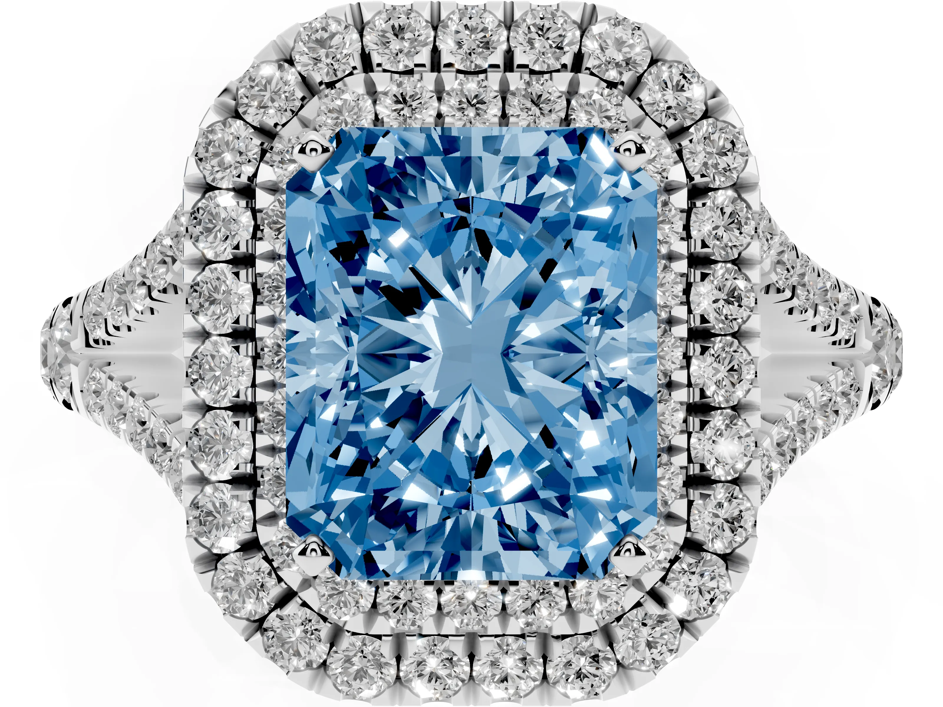 Fancy Blue Radiant Cut Diamond Pavé Split Shank Double Halo Engagement Ring Set in Silver