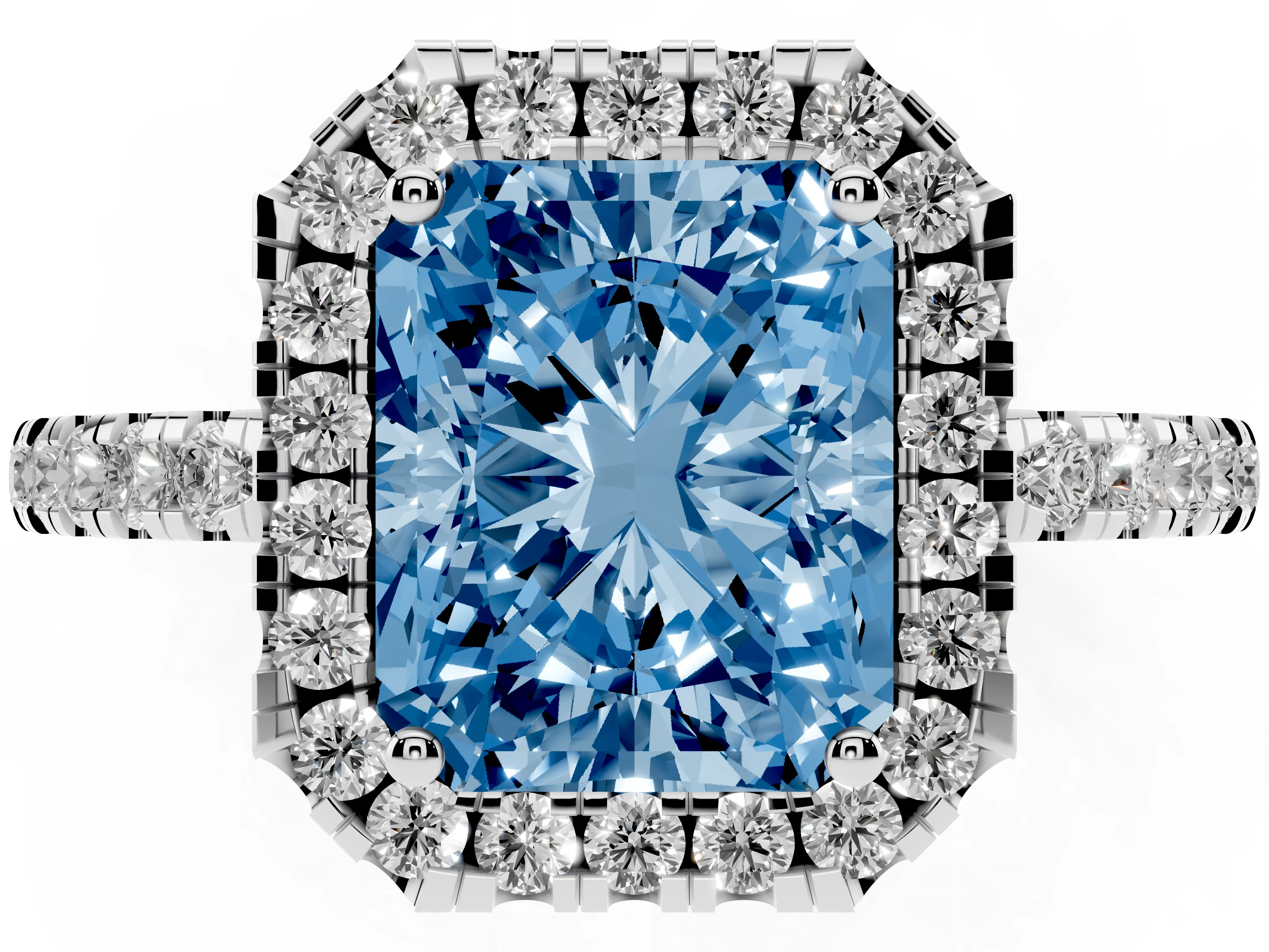 Fancy Blue Radiant Cut Diamond Pavé Band Halo Engagement Ring Set in Platinum with Prong Setting
