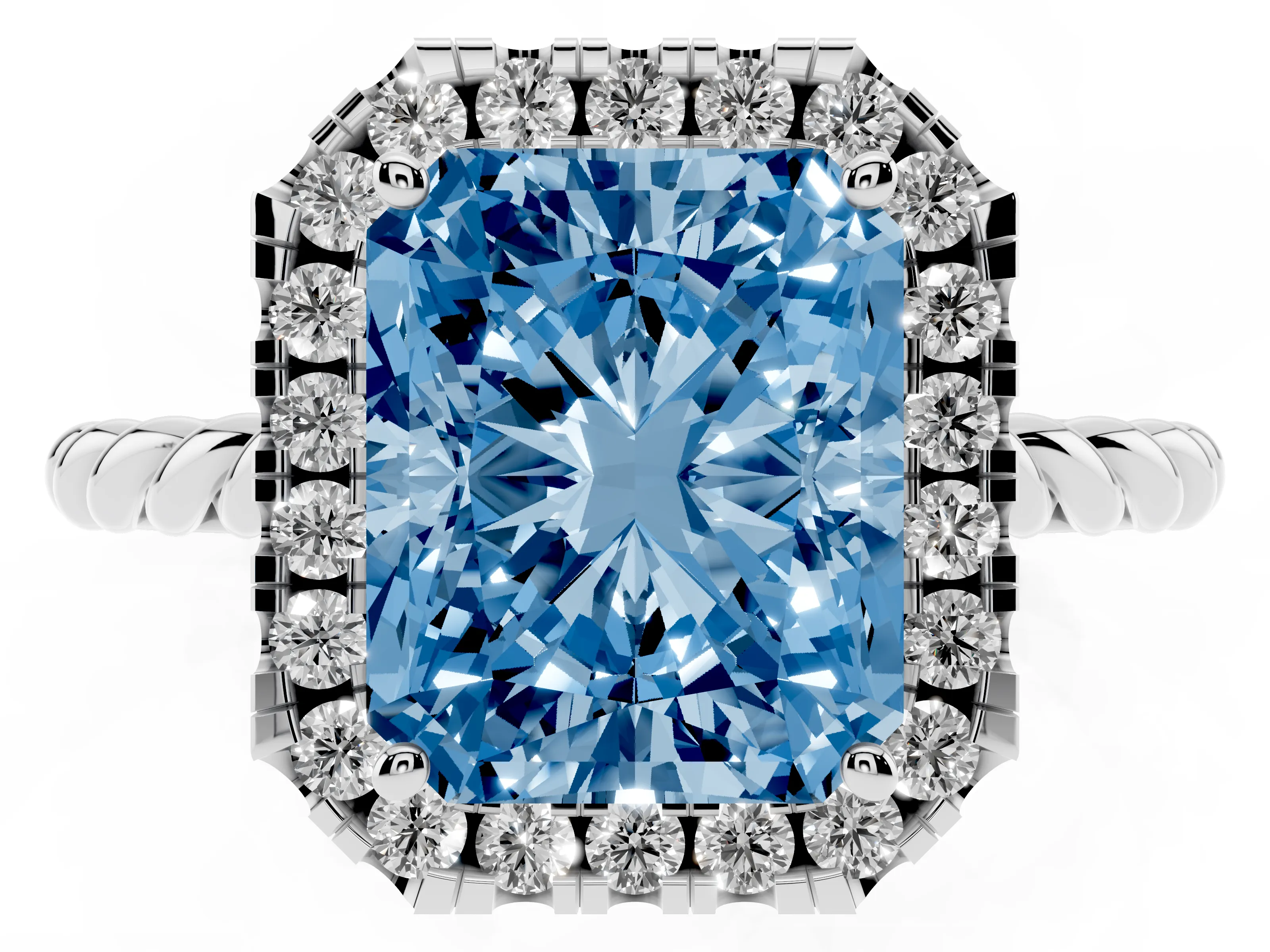 Fancy Blue Radiant Cut Diamond Halo Ring Set in Silver with Plain Twisted Band