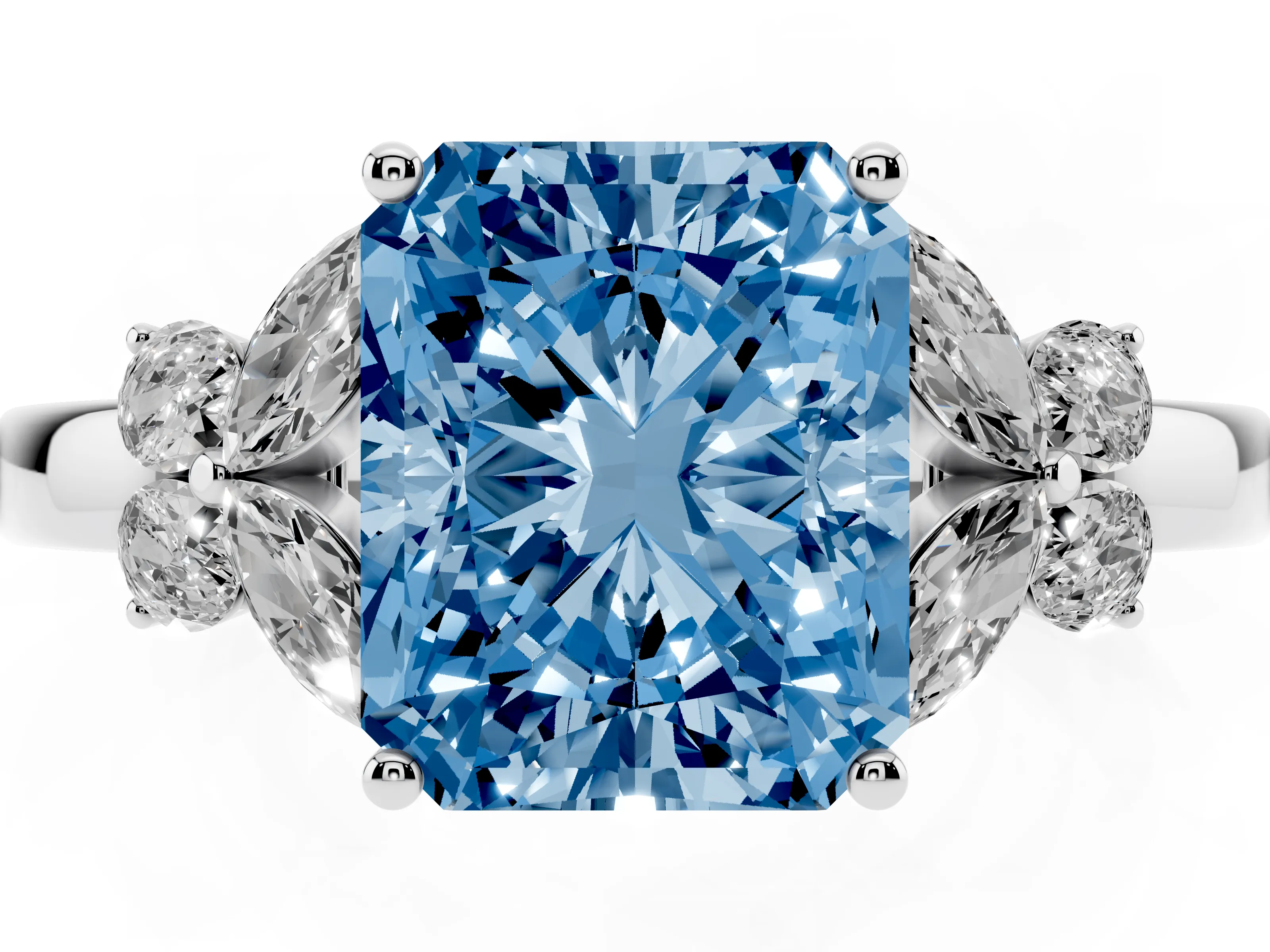 Fancy Blue Radiant Cut Diamond Solitaire Floral Ring Set in White gold with Marquise Petals and Prong Setting