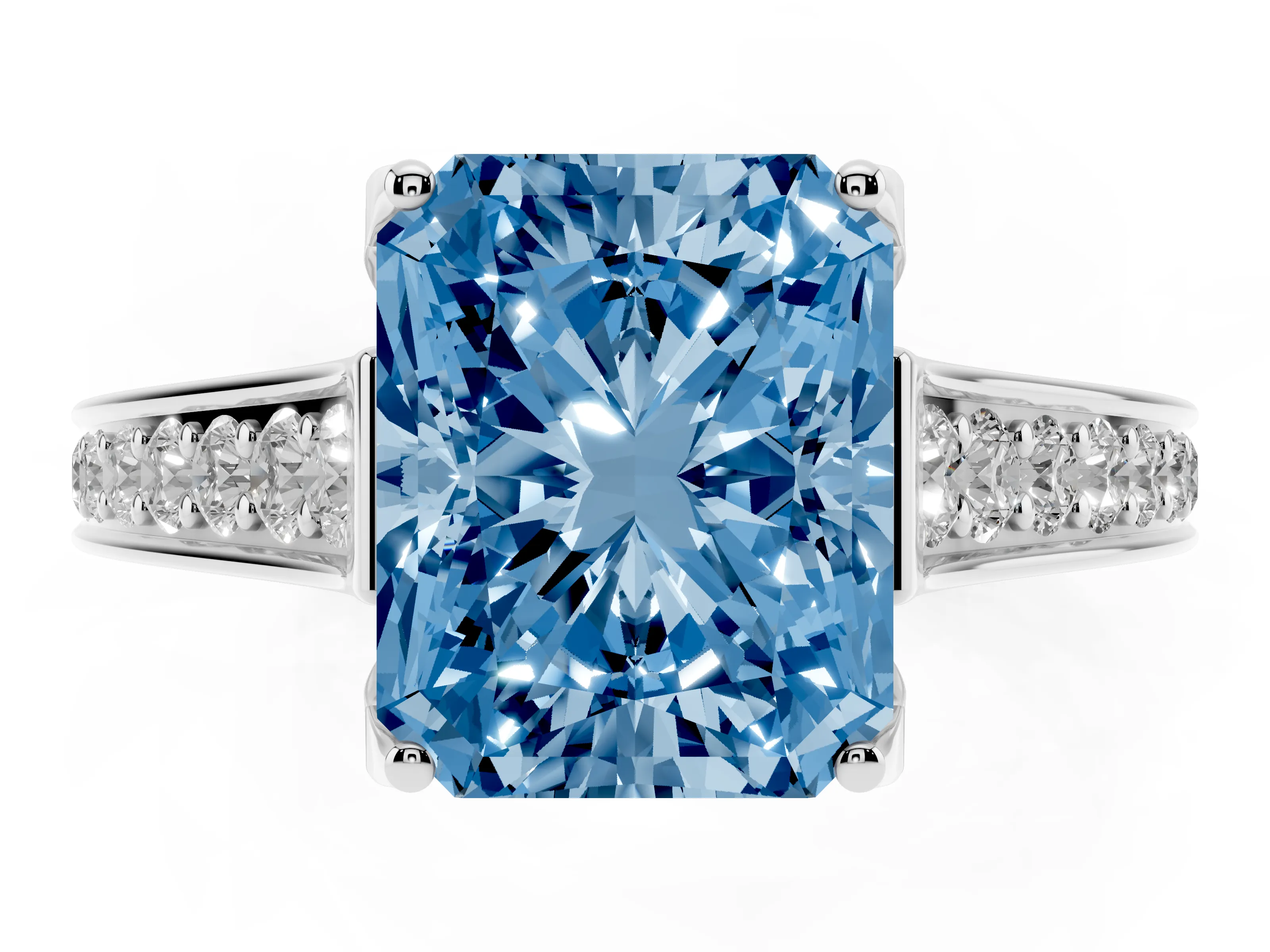 Fancy Blue Radiant Cut Diamond Solitaire Pavé Engagement Ring Set in Platinum with Prong Setting