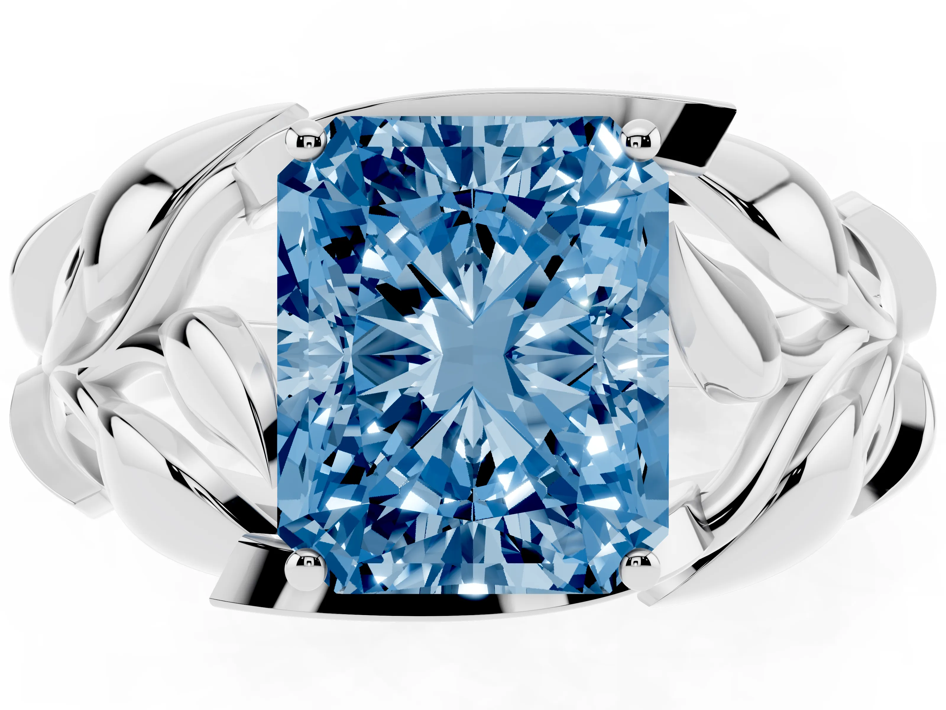 Fancy Blue Radiant Cut Diamond Leaf-Inspired Engagement Ring Set in Silver with Round Accents