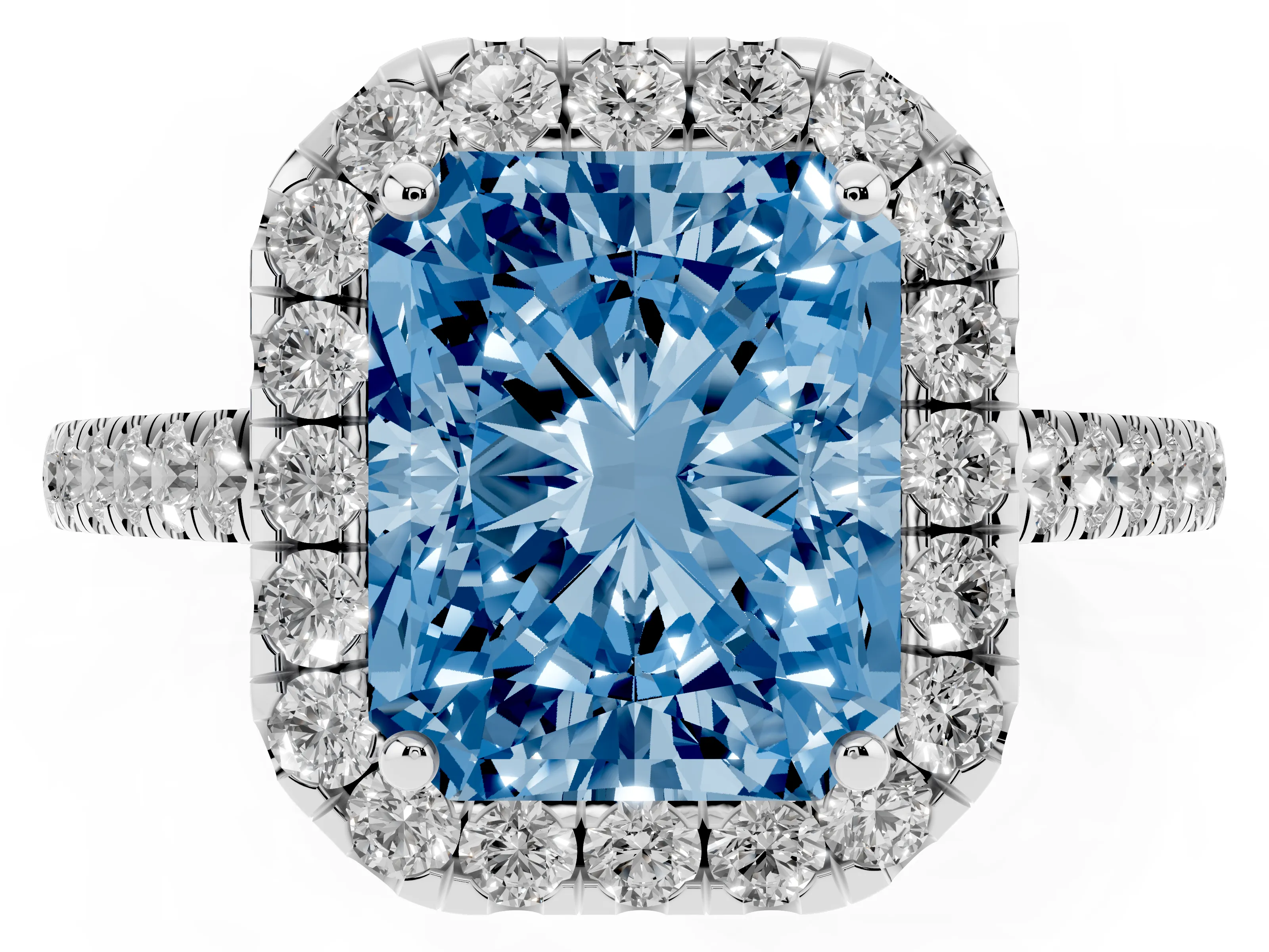 Fancy Blue Radiant Cut Diamond Halo Pavé Engagement Ring Set in Platinum with Prong Setting