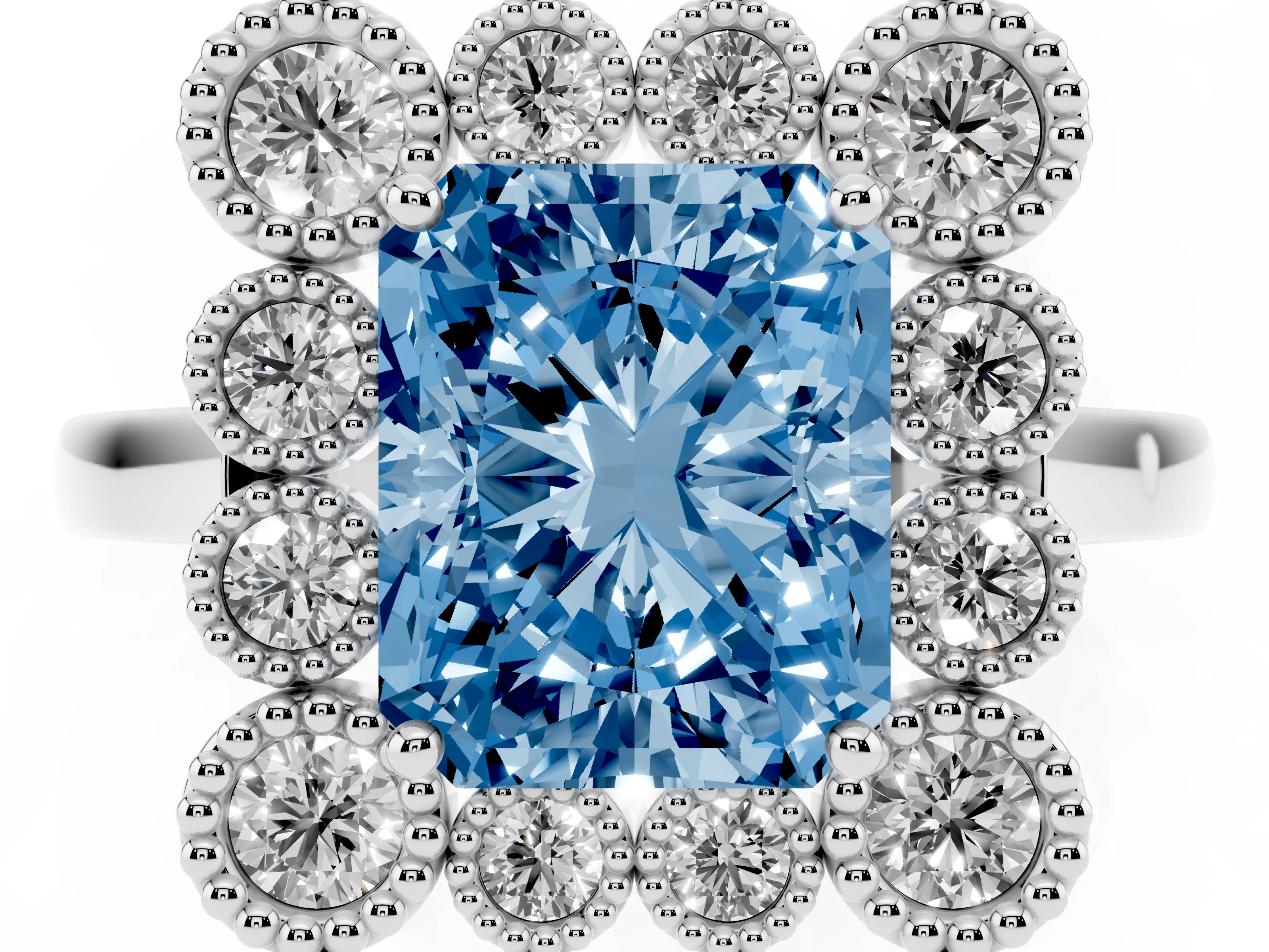 Fancy Blue Radiant Cut Diamond Cluster Halo Ring Set in White gold with Milgrain Bezel Accents and Plain Band