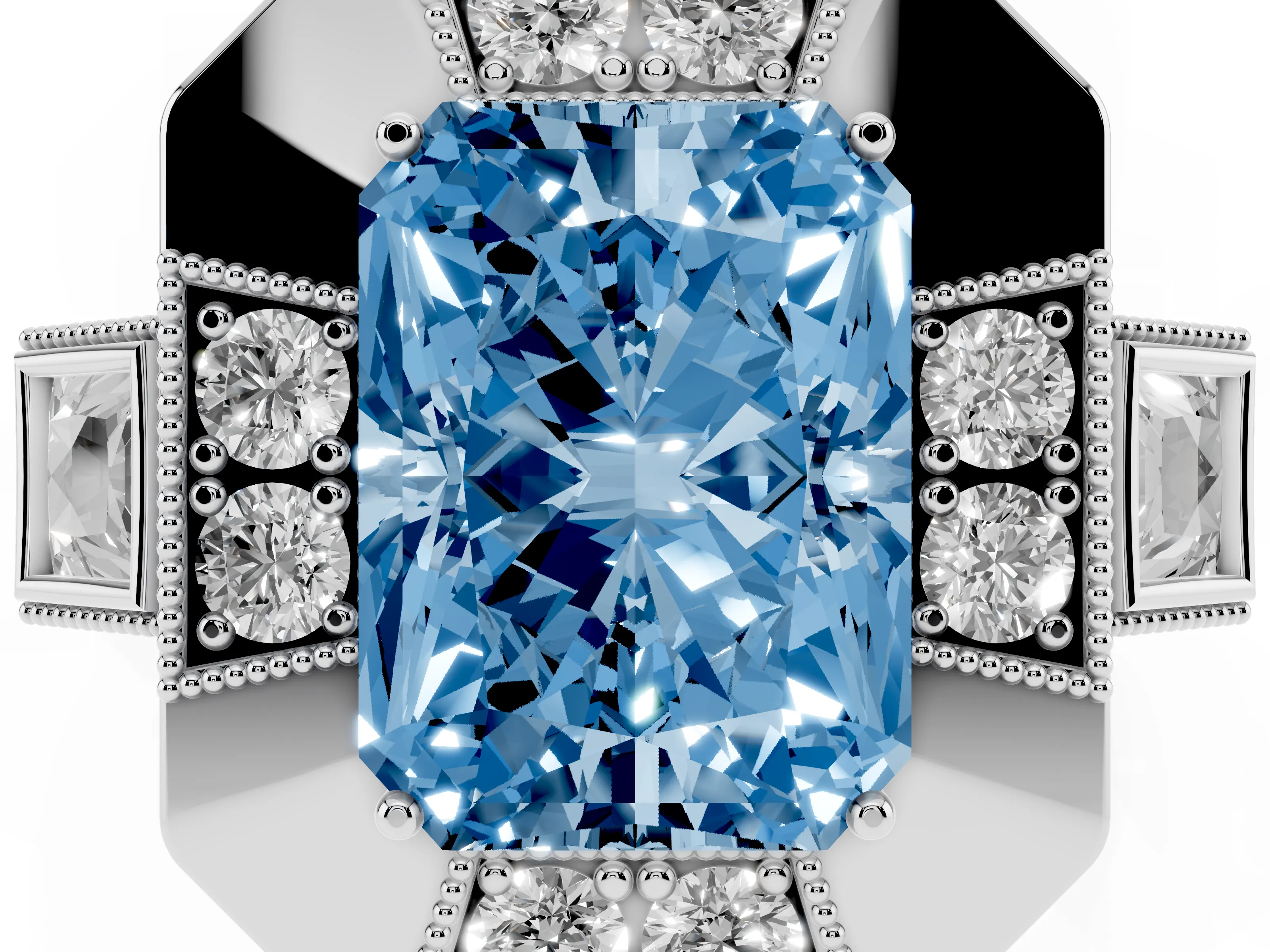 Fancy Blue Radiant Cut Diamond Milgrain Halo Ring Set in Platinum with Split Shank