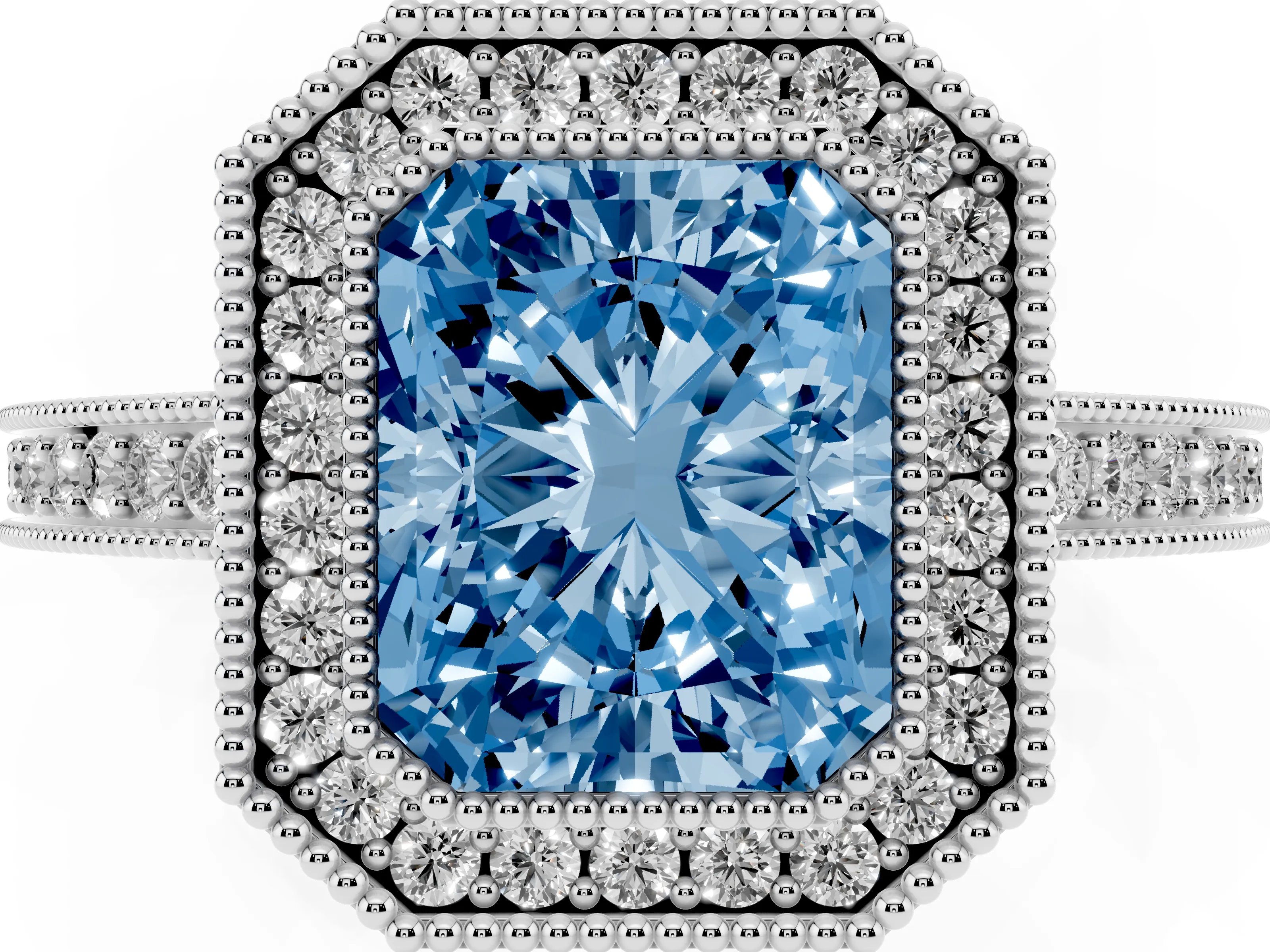 Fancy Blue Radiant Cut Diamond Round Halo Ring Set in White gold with Pavé Band