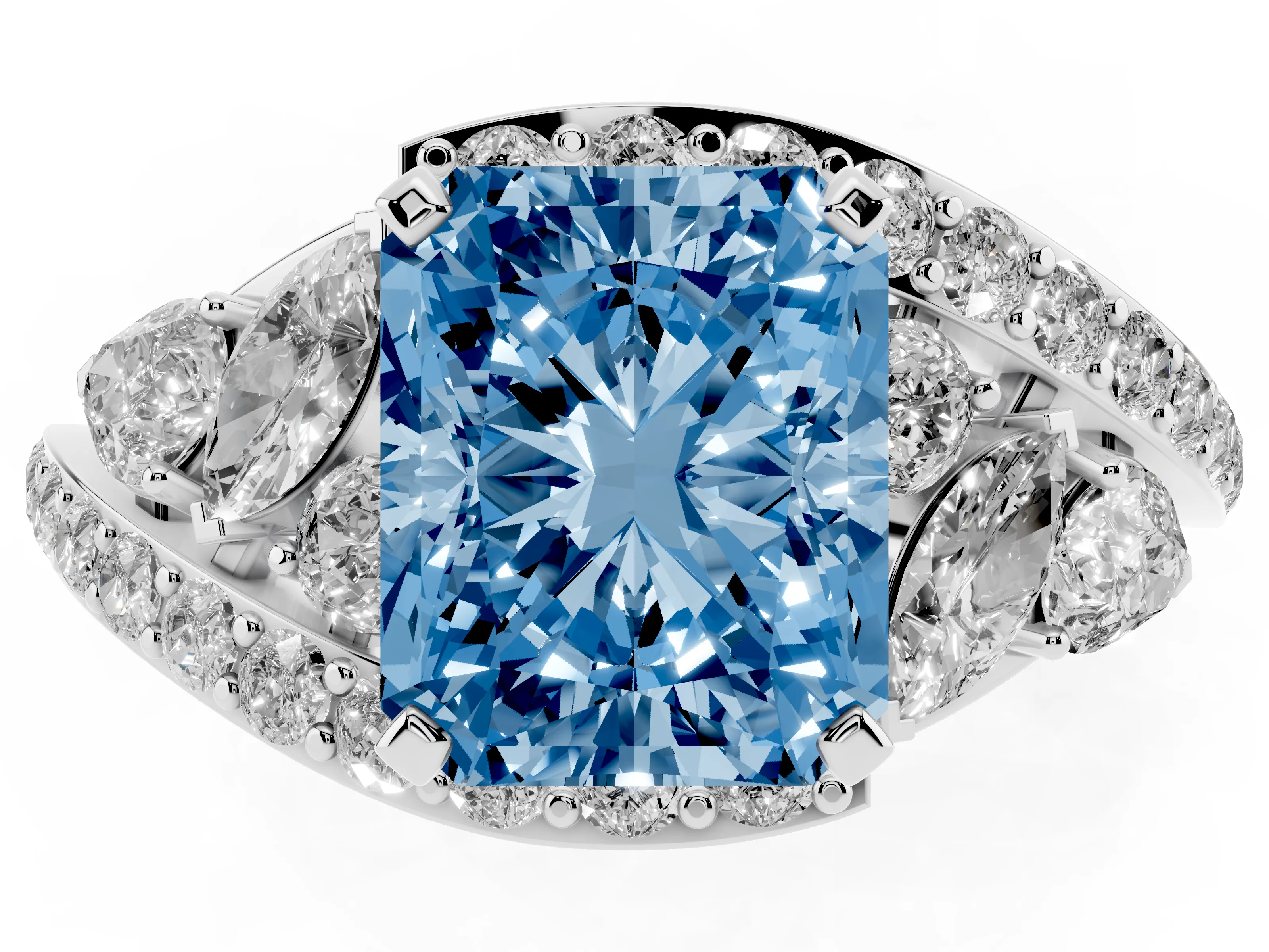 Fancy Blue Radiant Cut Diamond Halo Ring Set in White gold with Marquise and Pavé Band in Prong Setting