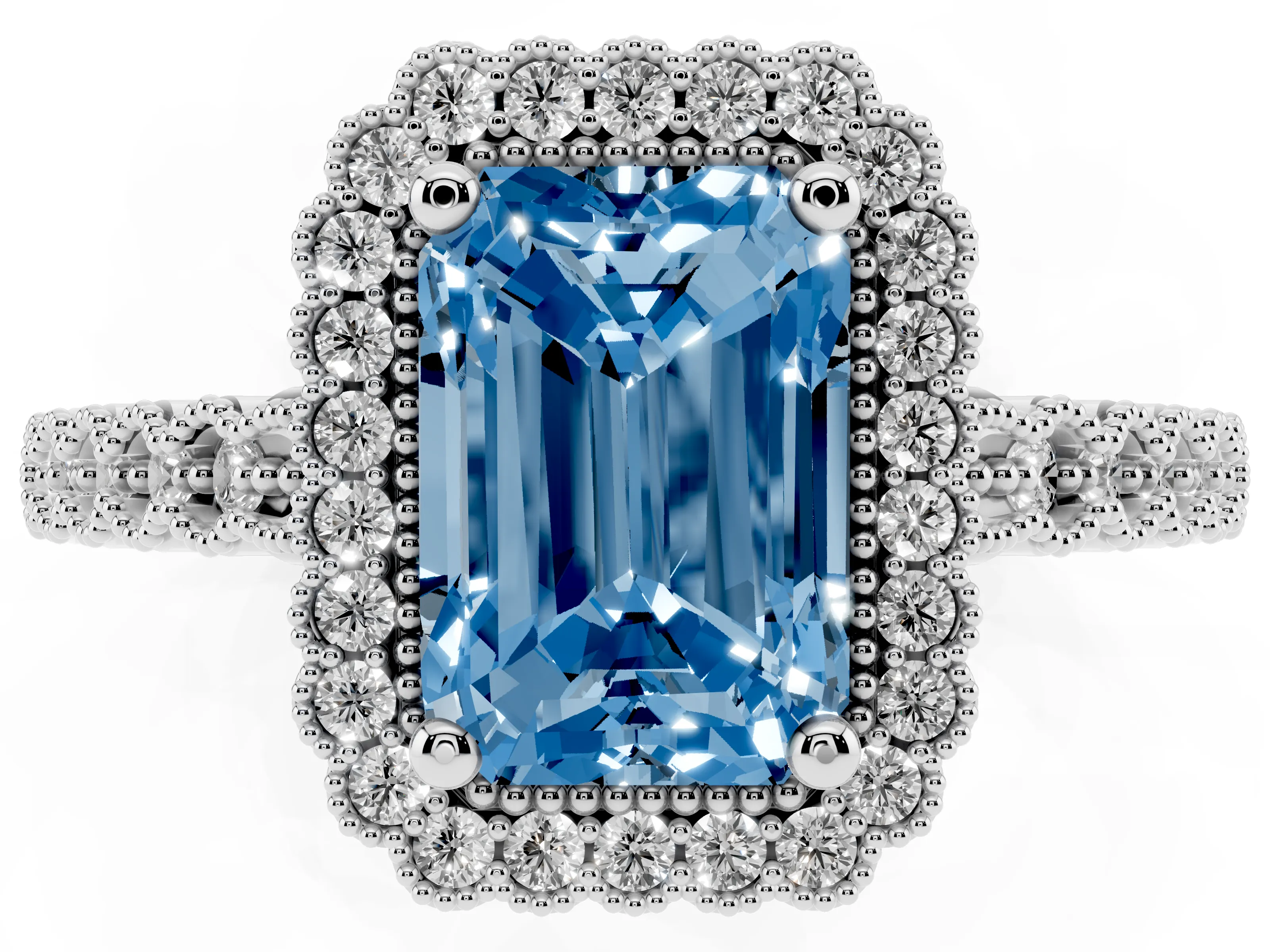 Fancy Blue Radiant Cut Diamond Halo Ring Set in Silver with Pavé Milgrain Band