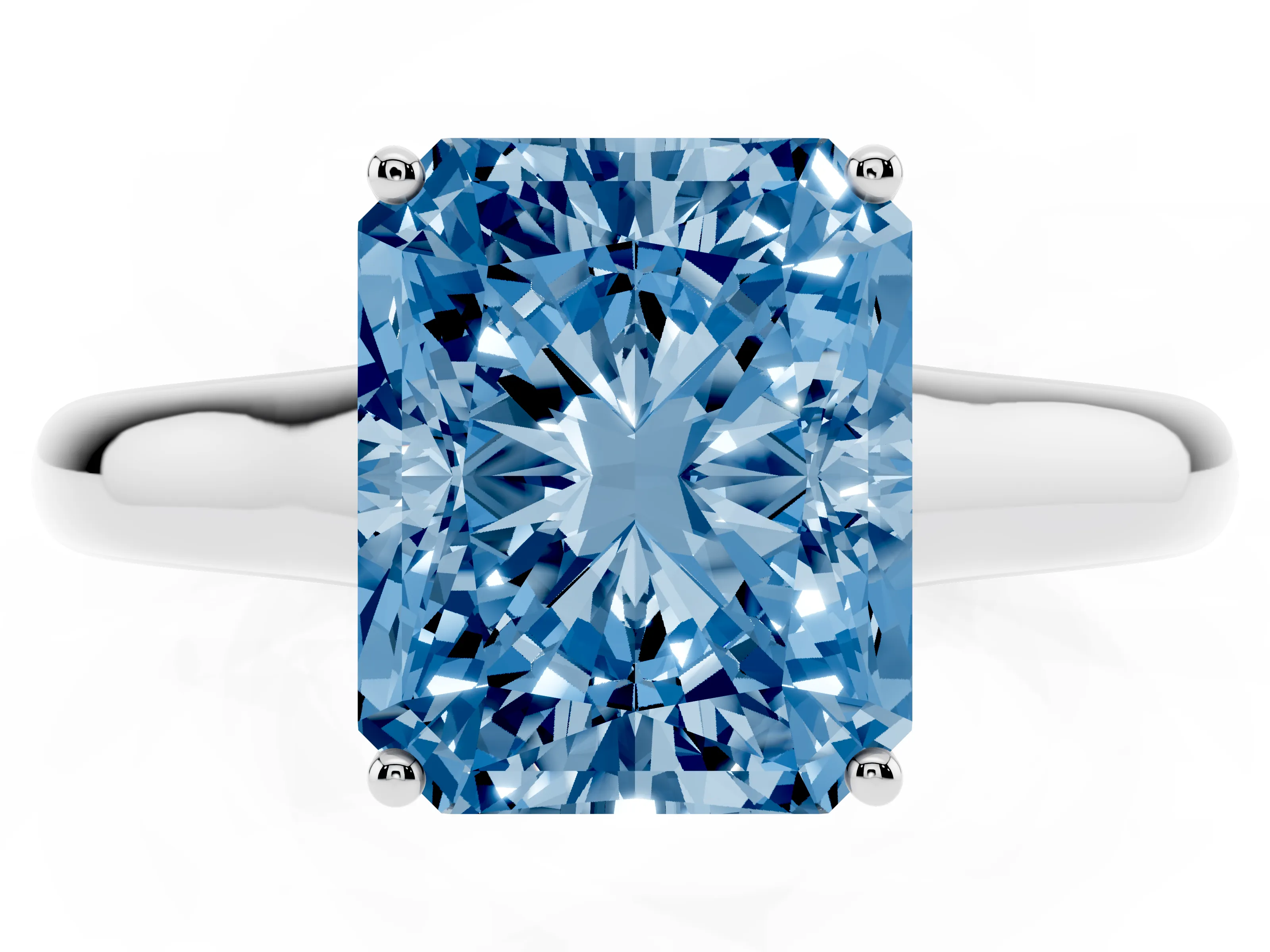 Fancy Blue Radiant Cut Diamond Solitaire Engagement Ring Set in Silver with Subtly Tapered Band and Prong Setting